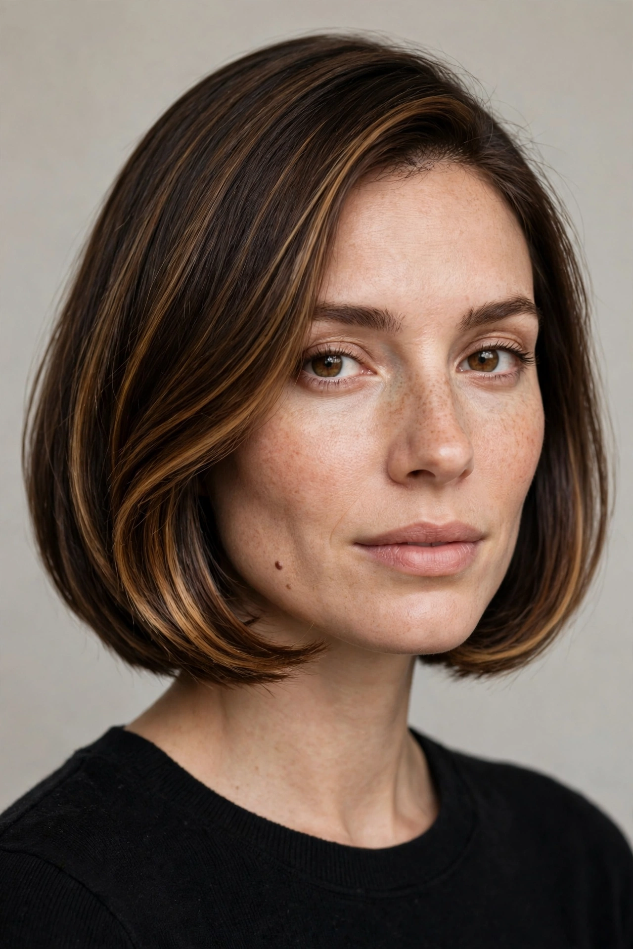 A woman with a curved bob featuring caramel highlights, dimensional curve