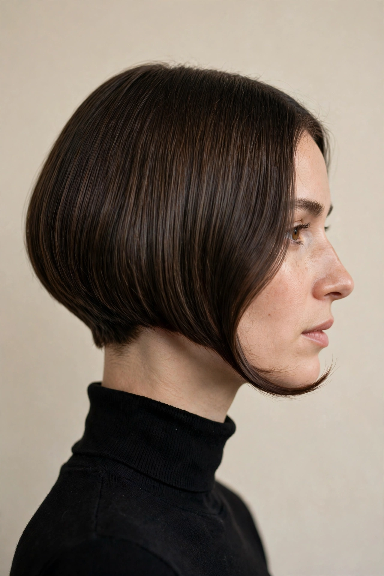 A woman with an inverted curved bob, shorter back with curved front