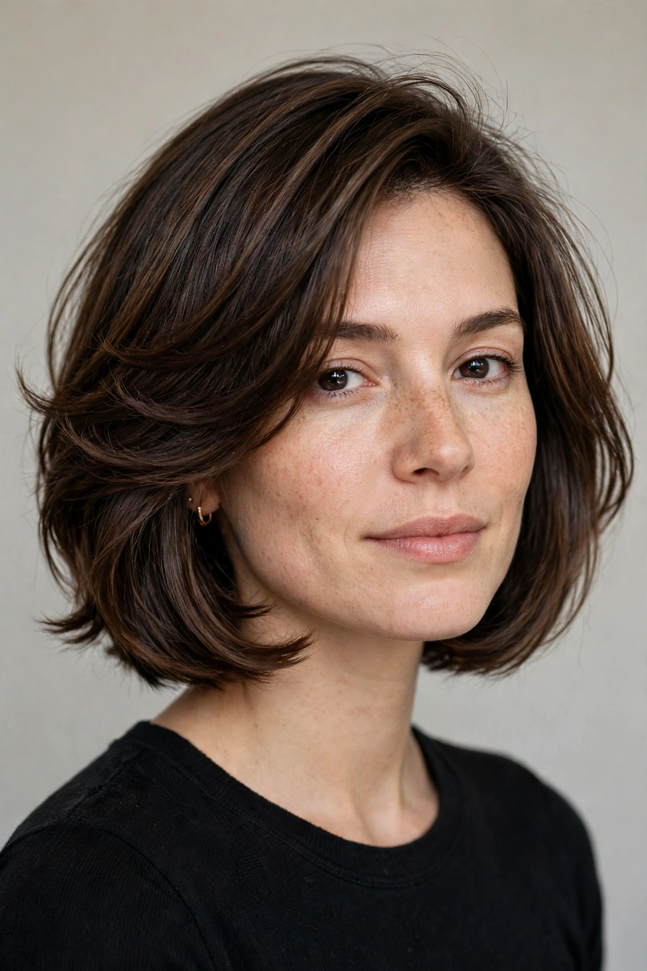 A woman with a layered curved bob, inward curved layered ends
