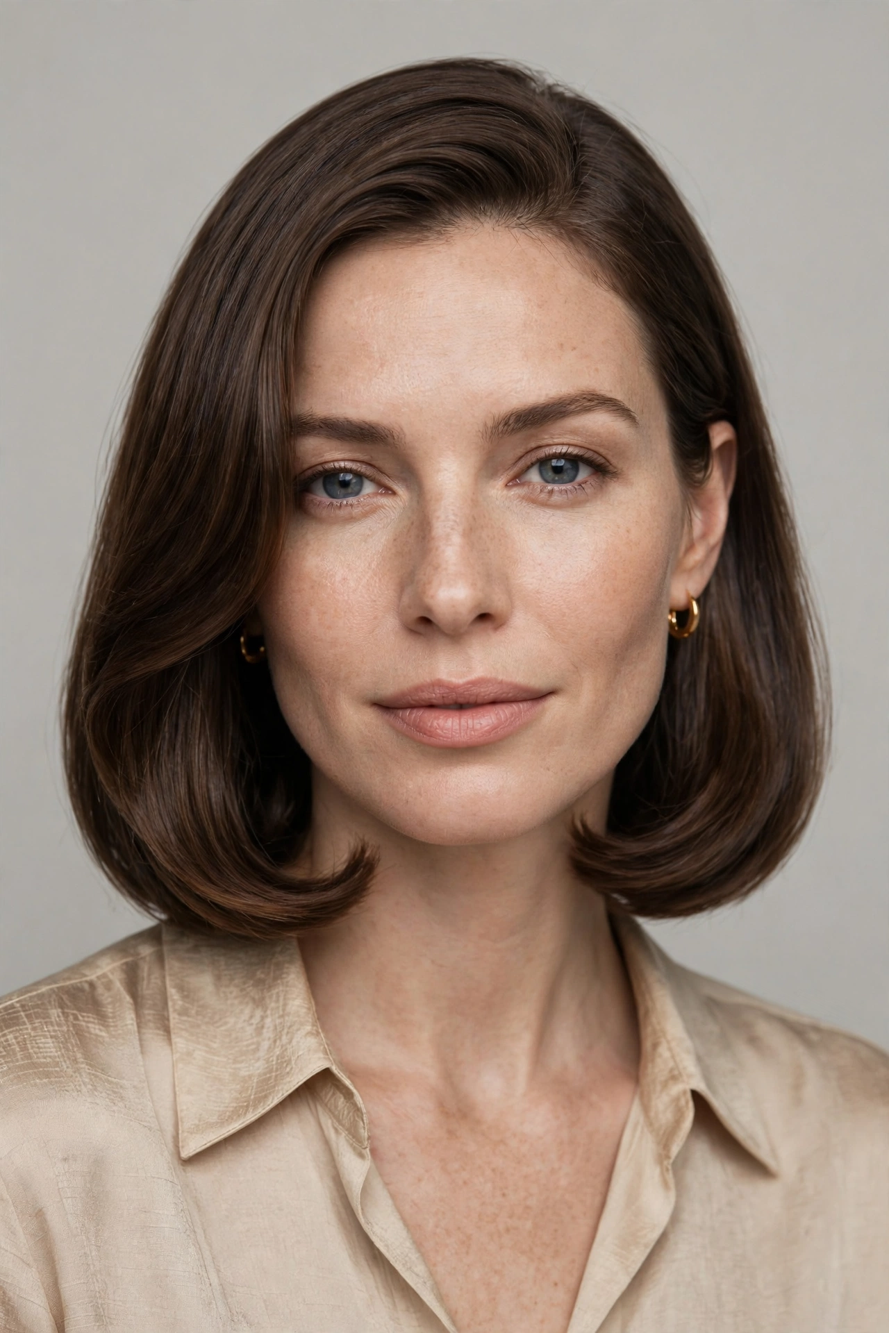 A woman with a curved lob, longer bob with inward curved ends at collarbone