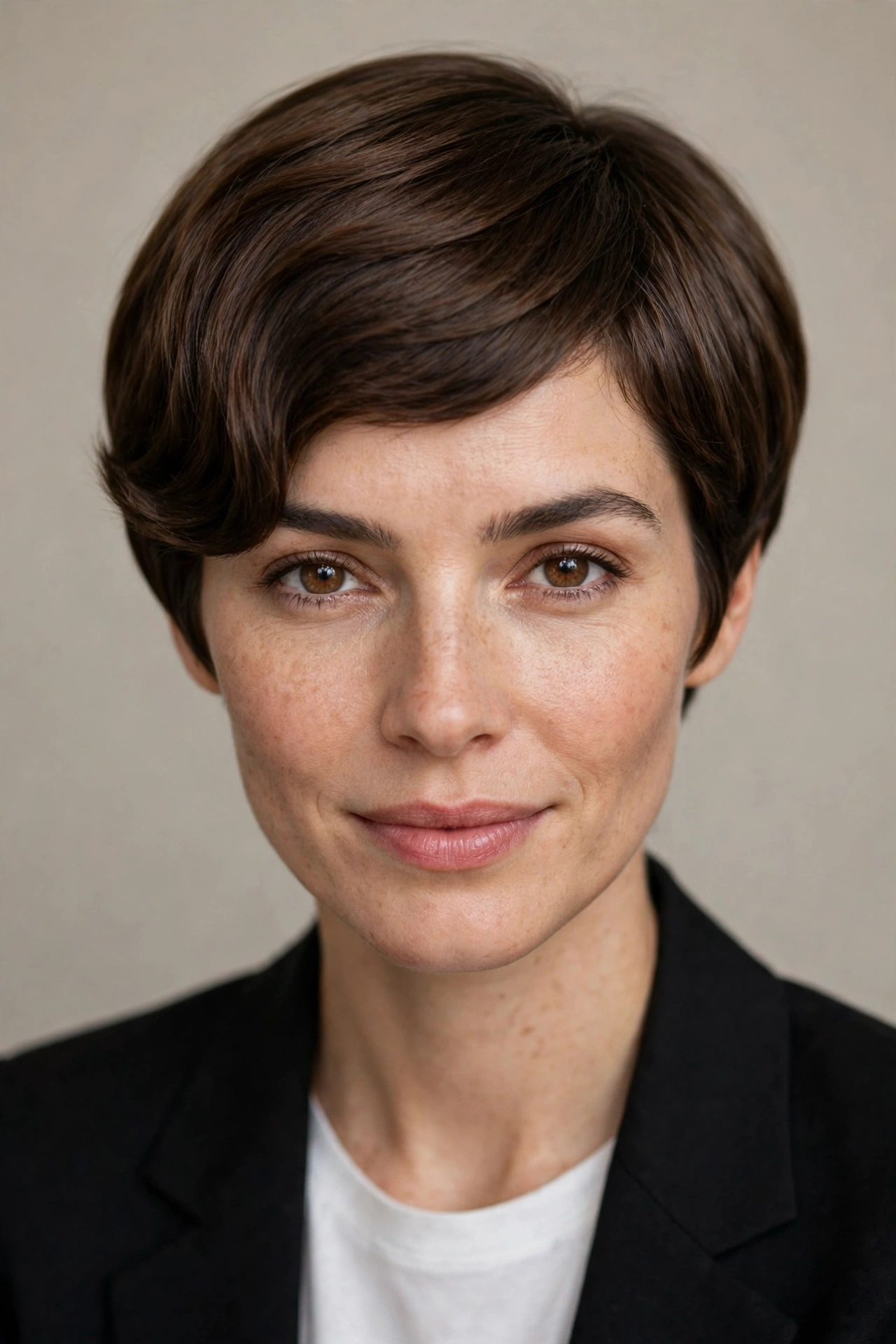 A woman with a curved pixie bob, short with inward curved crown