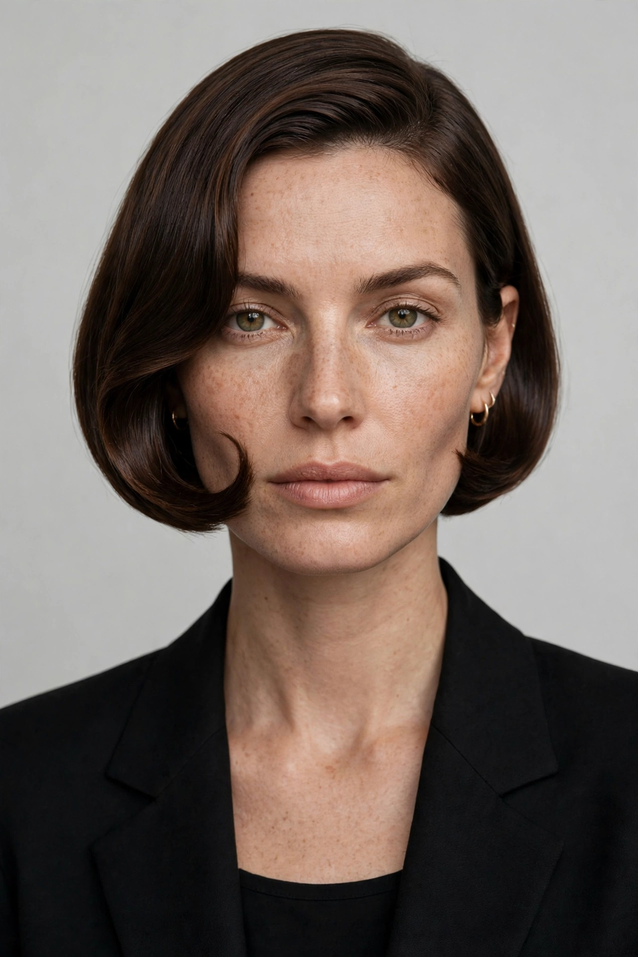 A woman with a short sculpted curved bob, precise inward bend