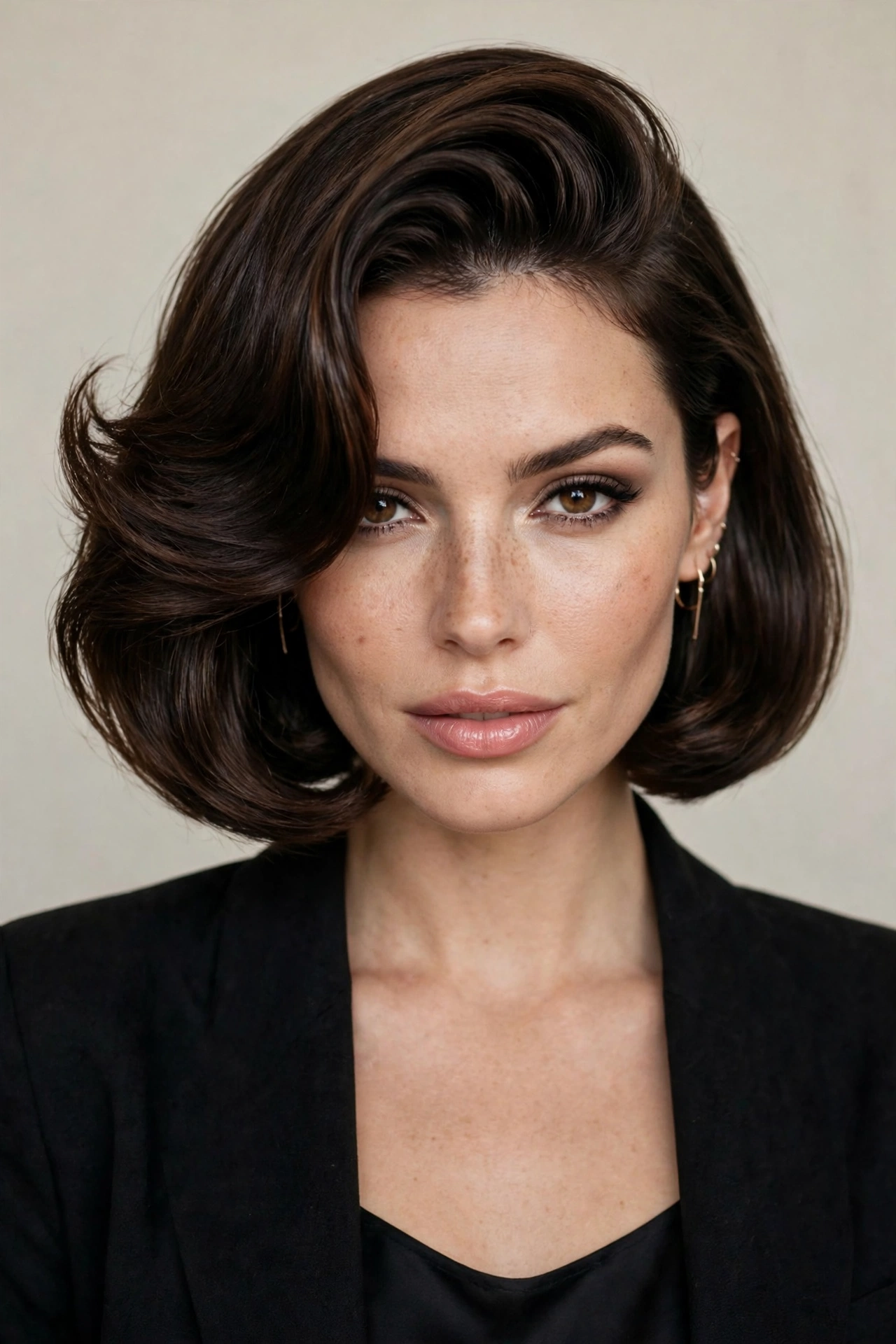 A woman with a curved bob and deep side part, dramatic sweep