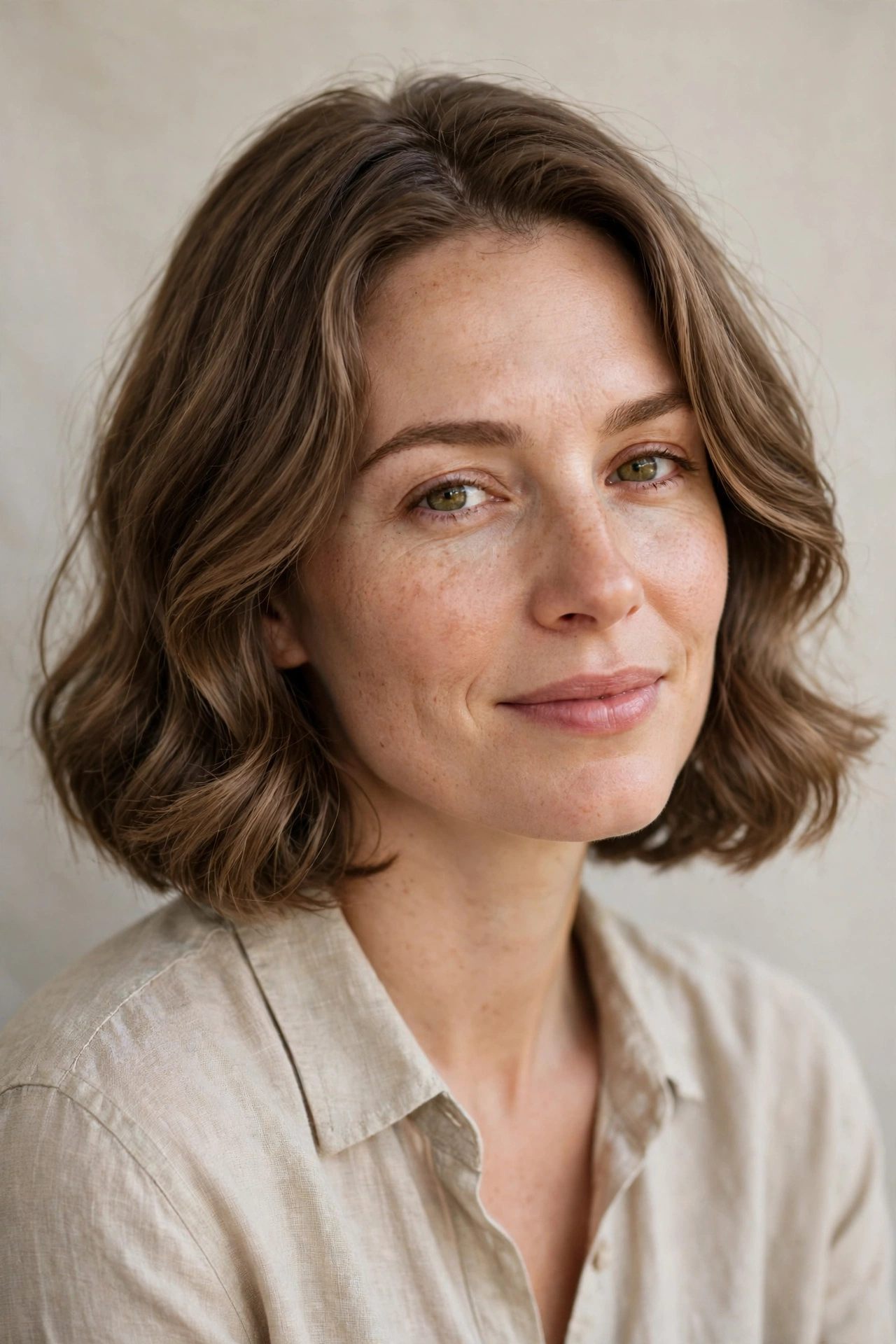 A woman with a curved bob styled in soft waves bending inward