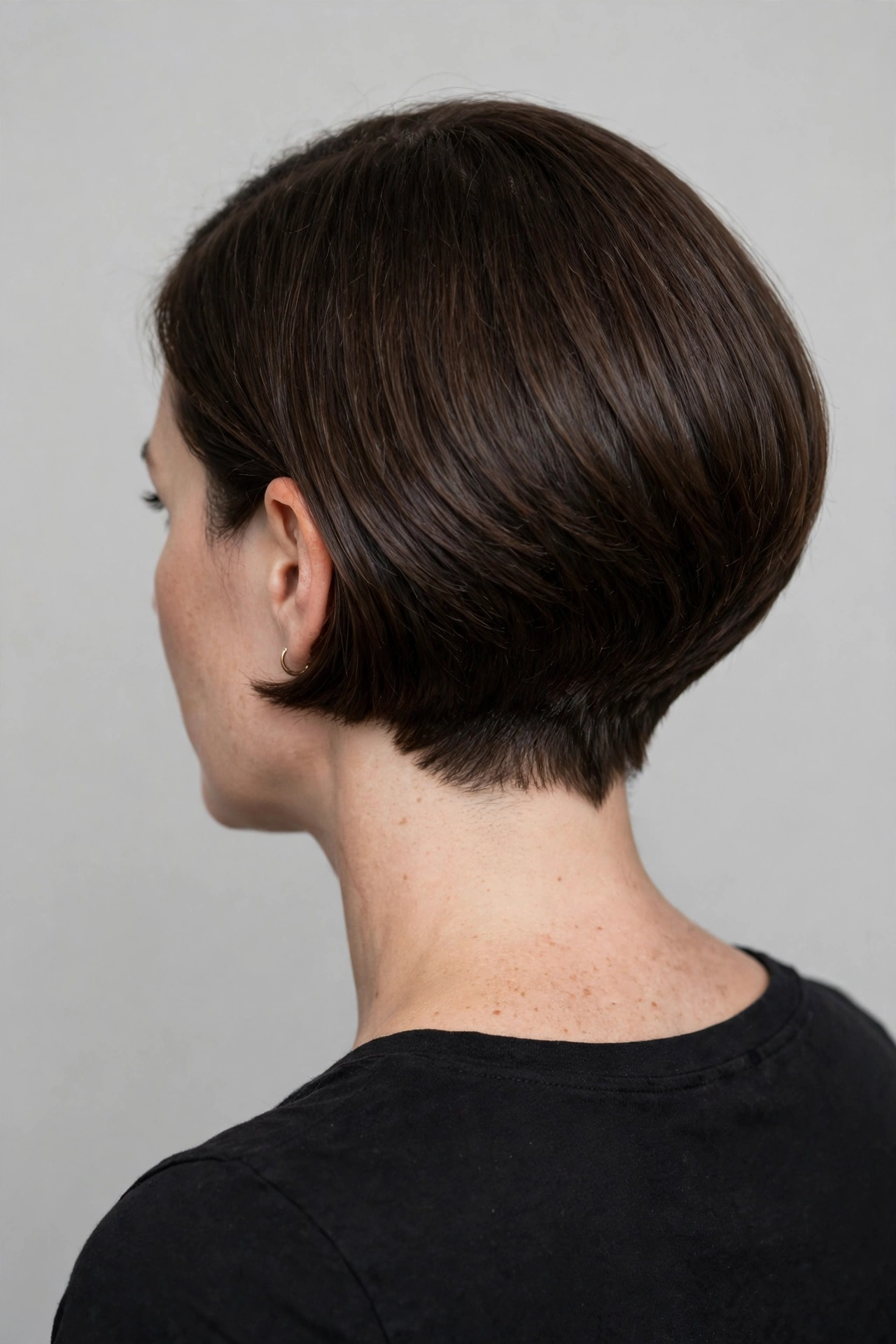 A woman with a curved bob and tapered nape, back view showing shape