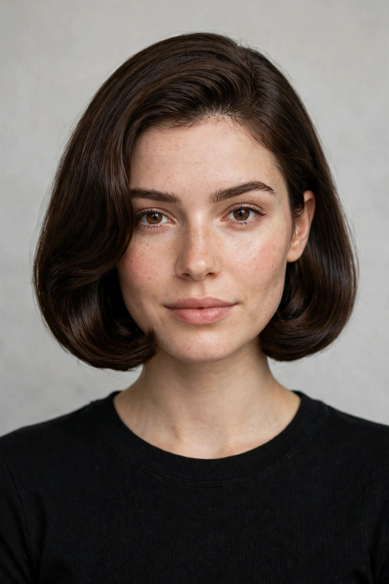 A woman with thick hair in a curved bob, smooth controlled inward ends