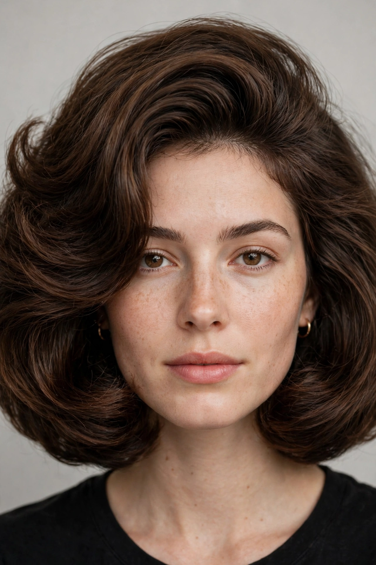 A woman with a voluminous curved bob, big bouncy inward curve