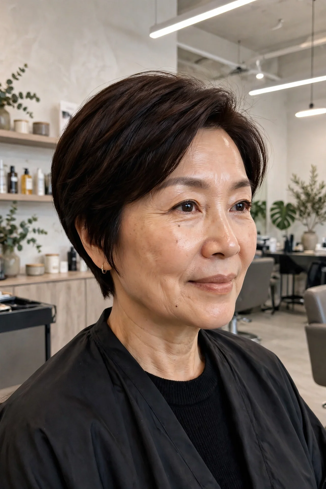 Woman in her 50s with a dark chocolate bixie