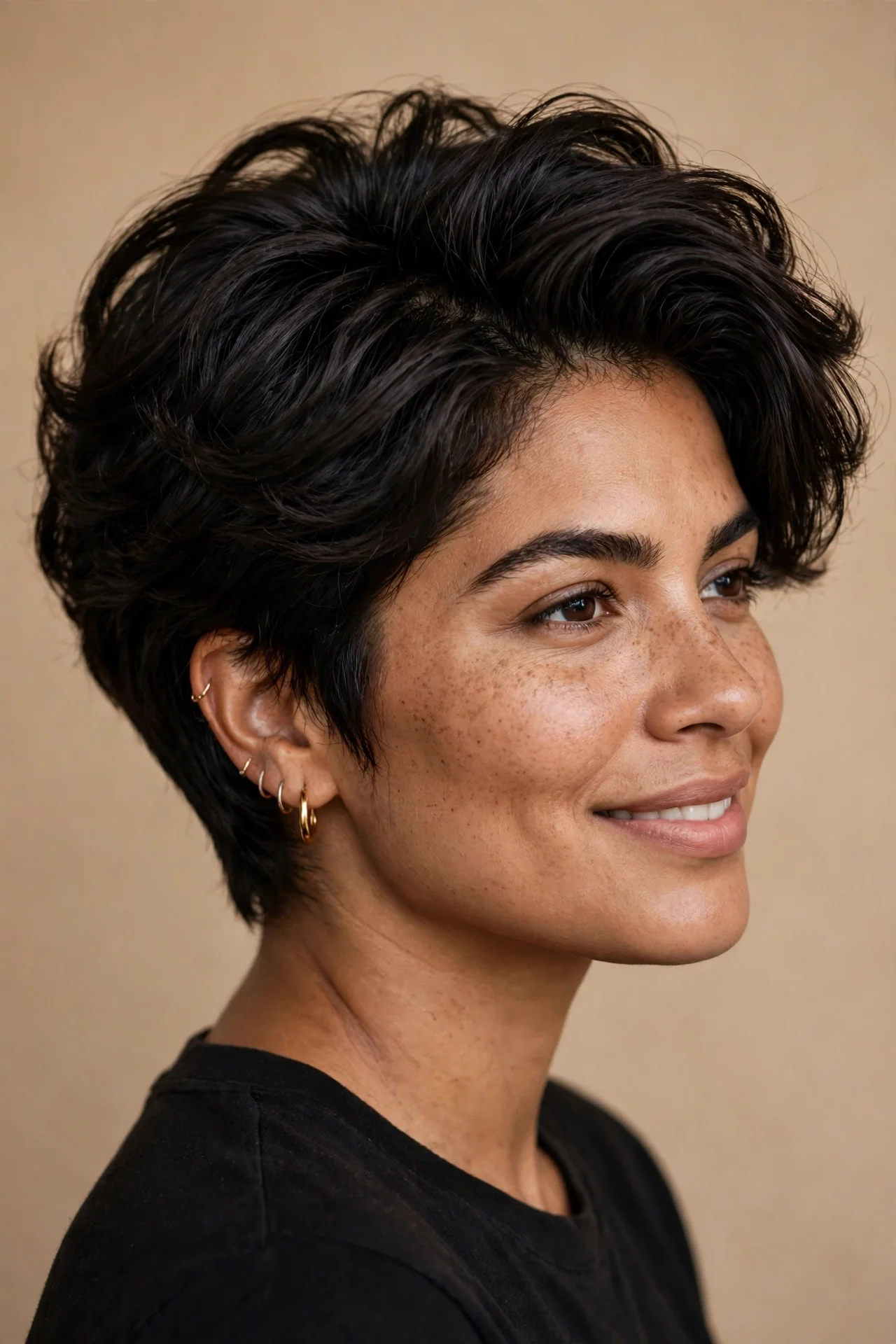 Debulked bixie cut for thick hair with thinned layers on a Latina woman