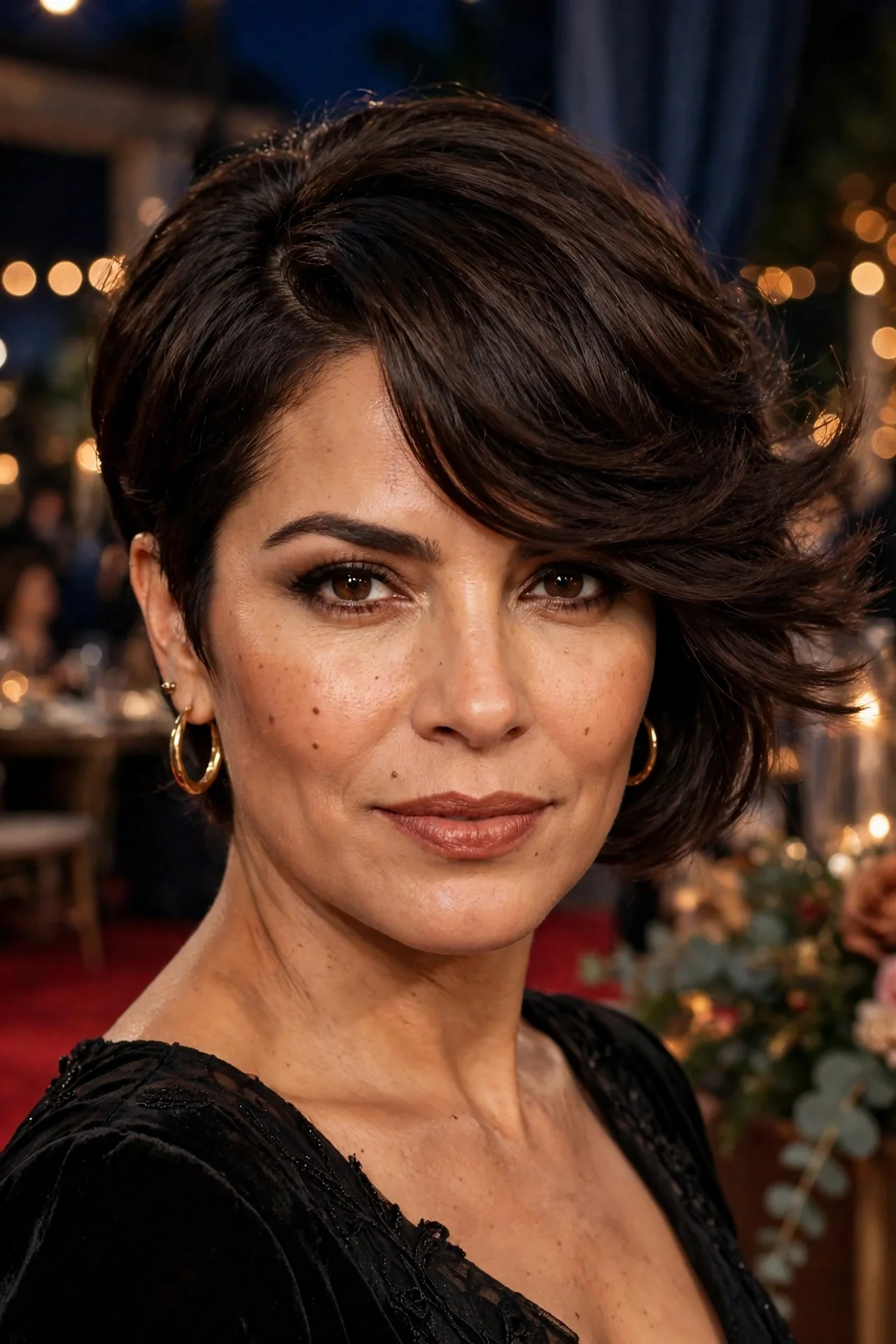 Deep side part bixie cut with sweeping layers on a Latina woman in her 40s