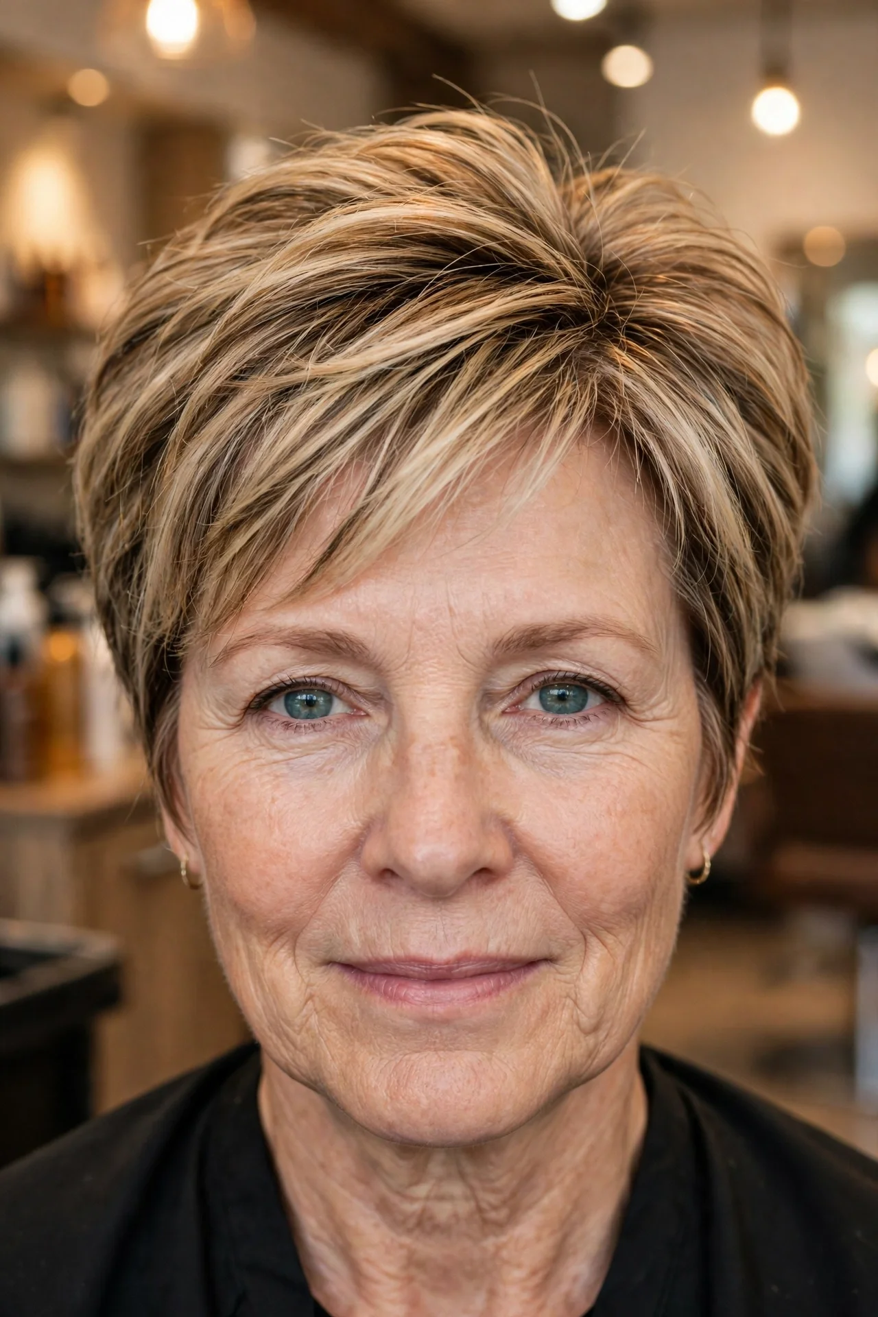 Woman in her 50s with fine blonde hair and woven lowlights in a dimensional bixie