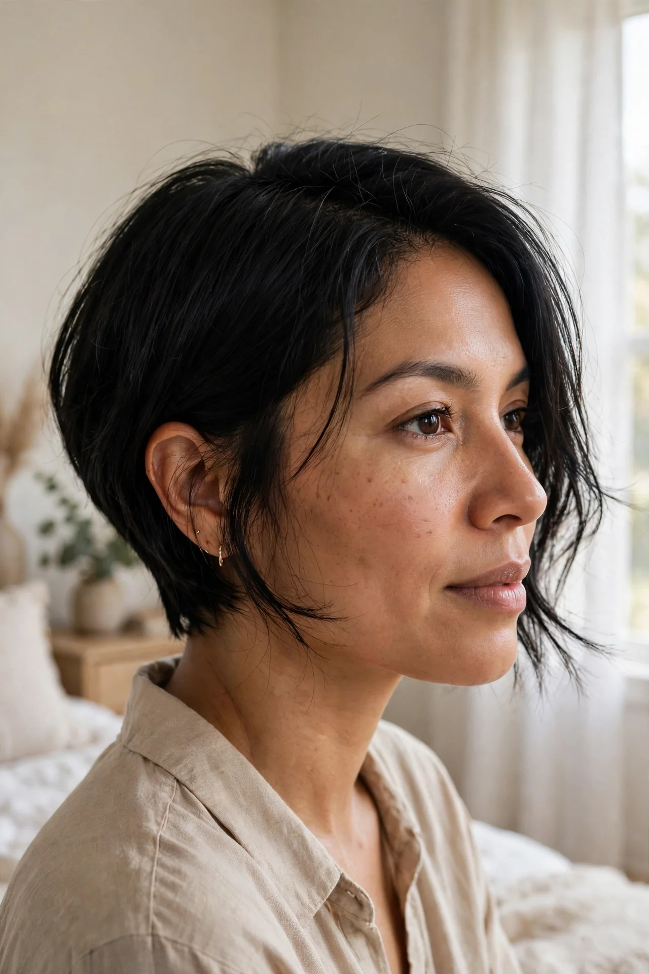 Latina woman in her 30s with fine black hair in a bixie tucked behind one ear