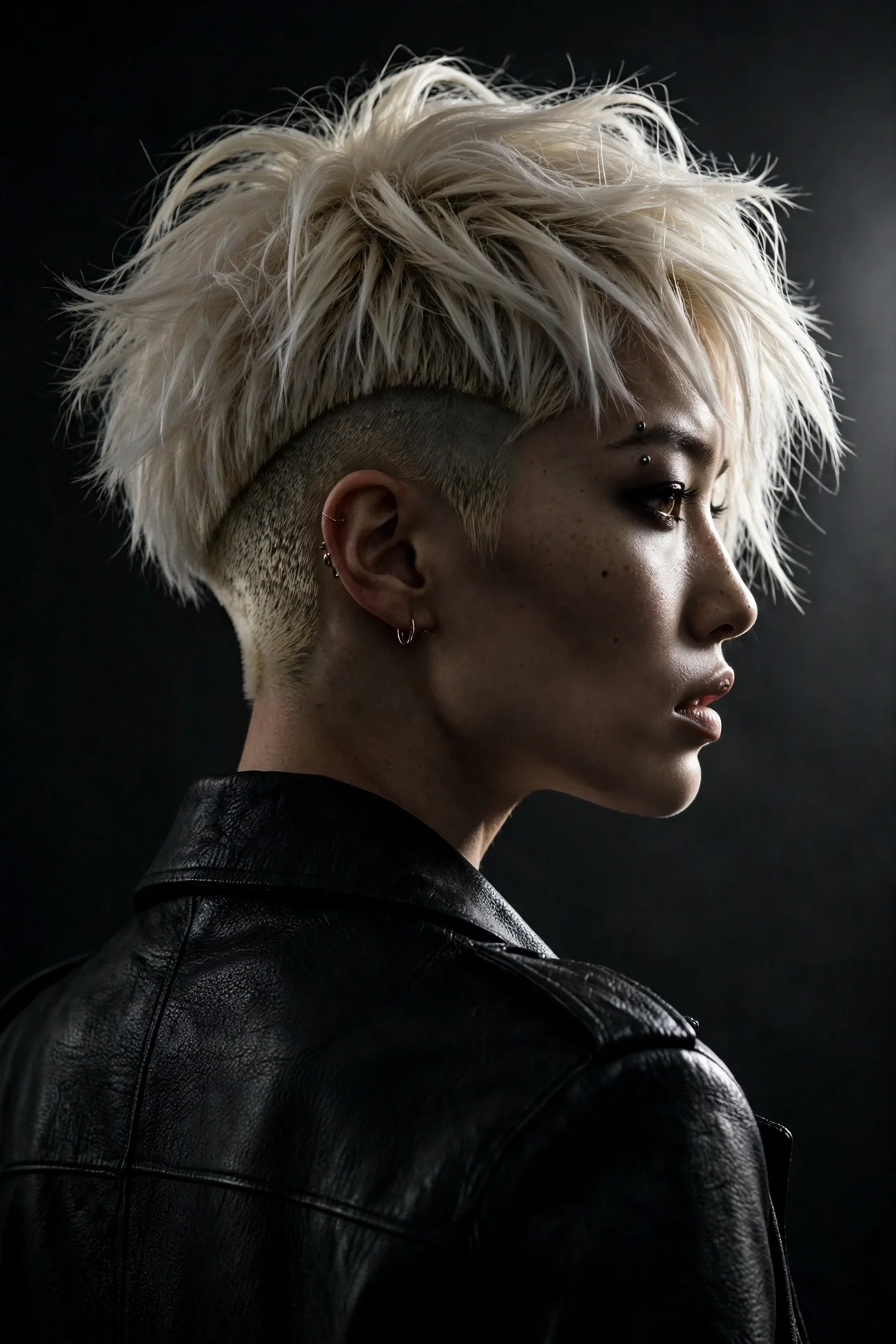 Edgy bixie cut with a hidden undercut on a woman with platinum hair