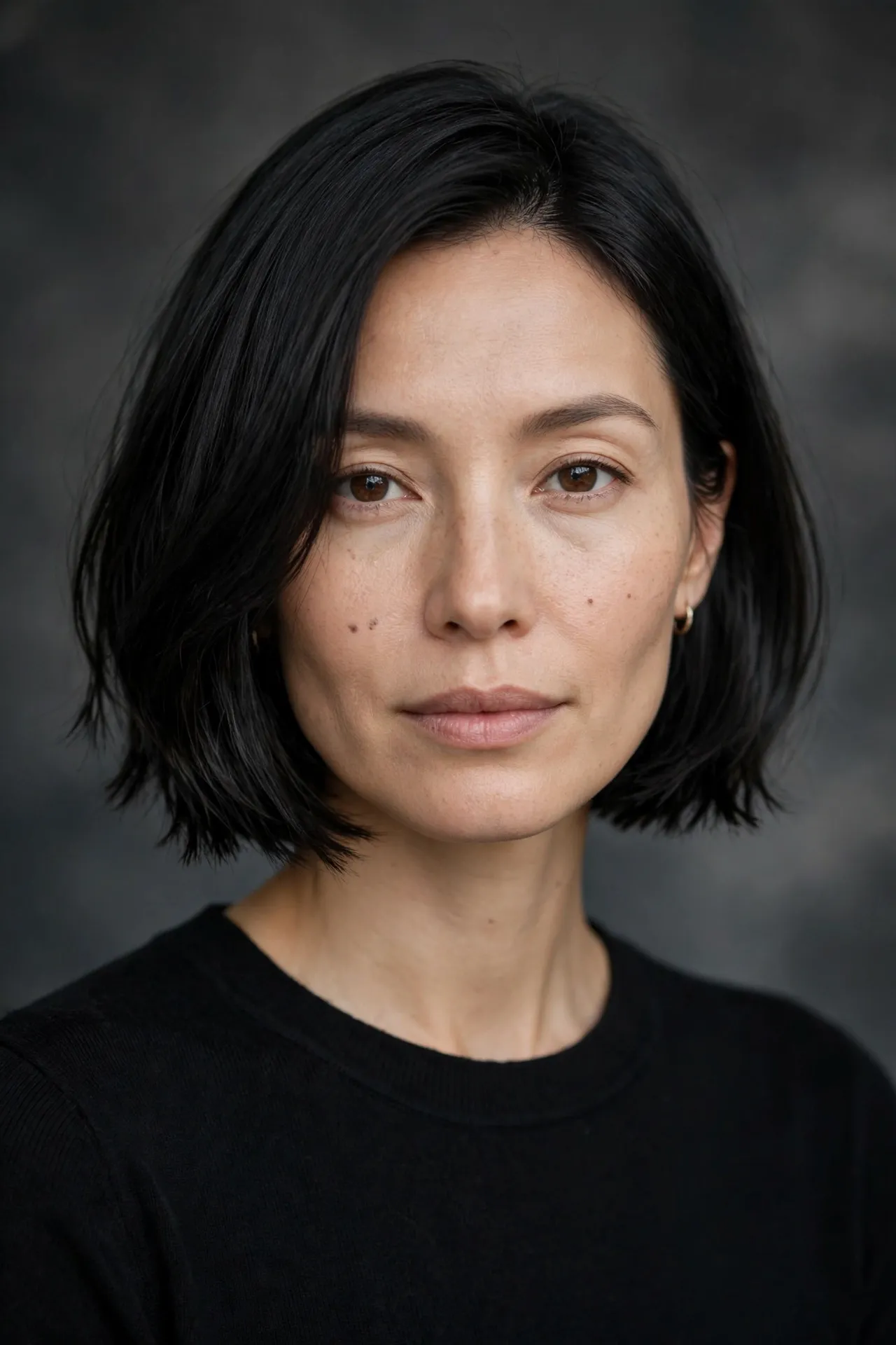 Blunt choppy ear length bob, sleek black hair