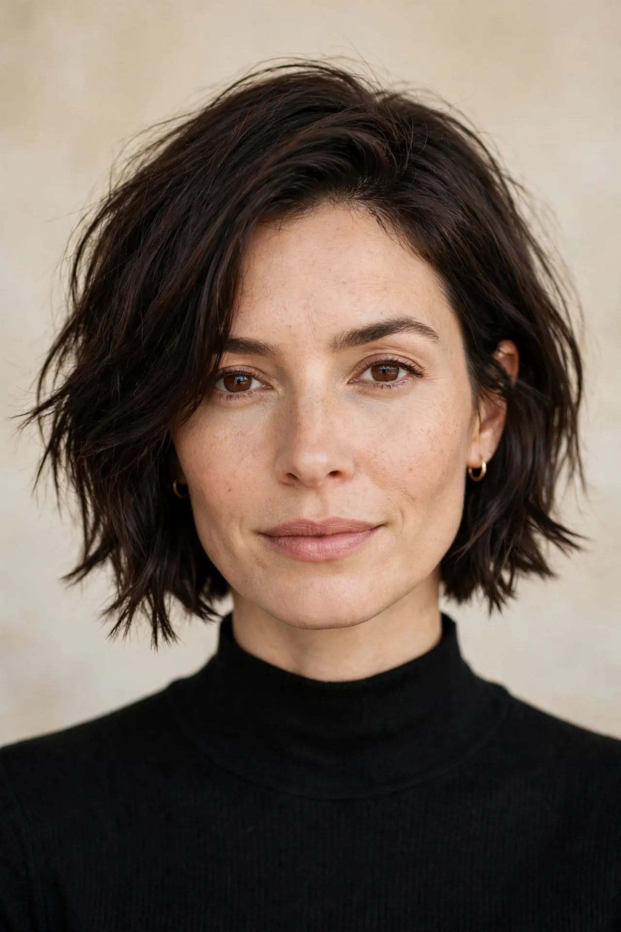 Classic ear length short choppy bob, dark brown textured hair