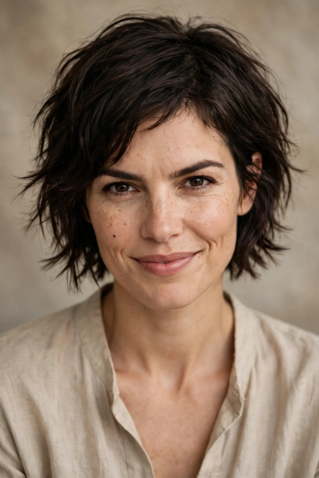 Bold ear length short choppy bob, dark brown textured hair
