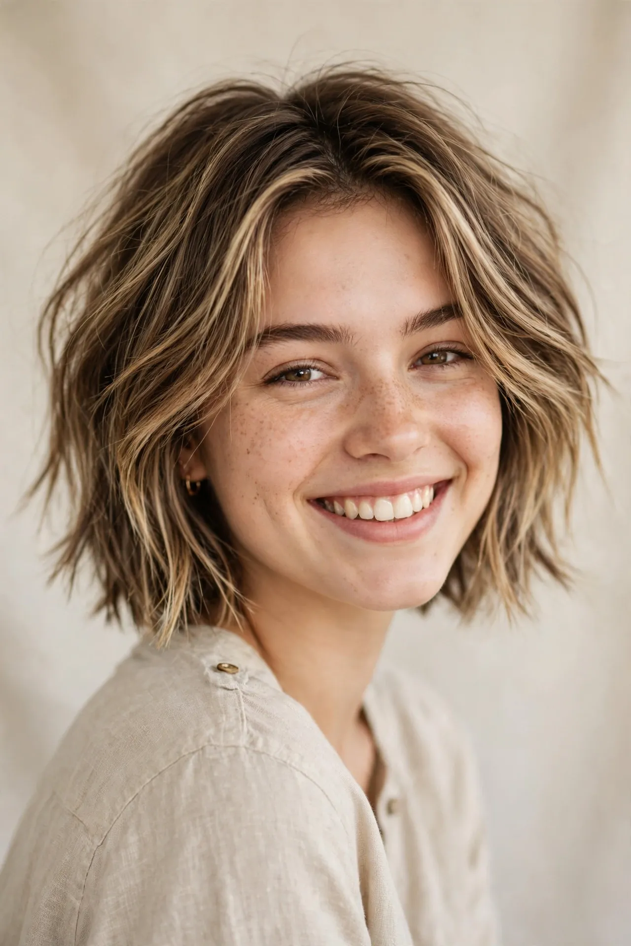 Ear length choppy bob with dimensional highlights