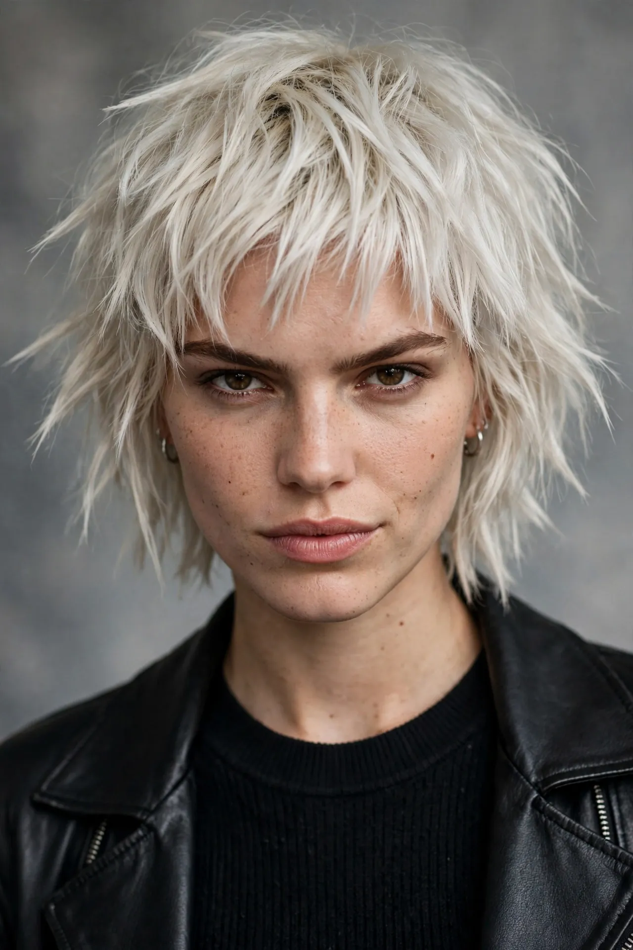 Jagged edge ear length choppy bob, platinum hair