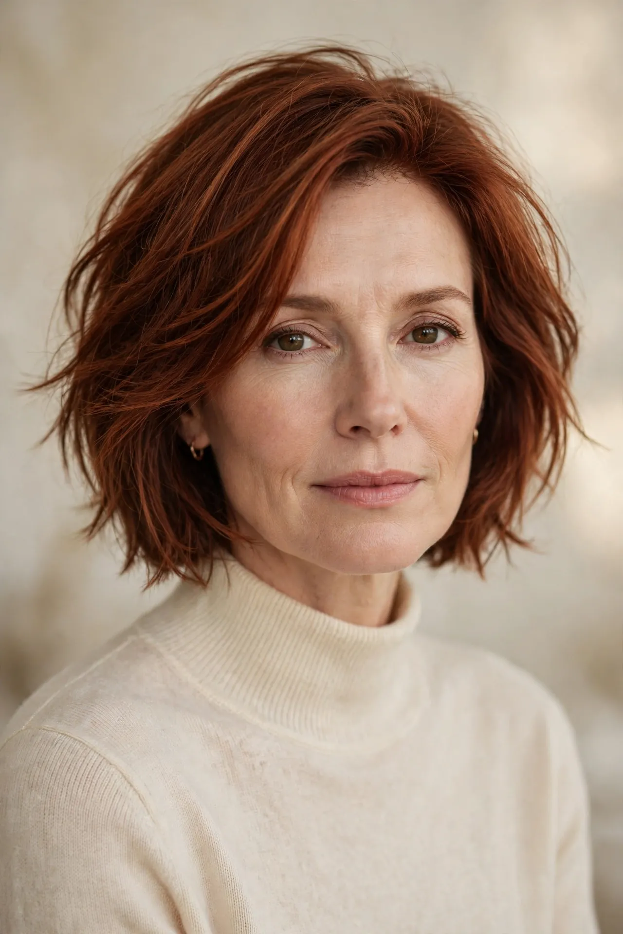 Piecey razor cut ear length bob, auburn hair