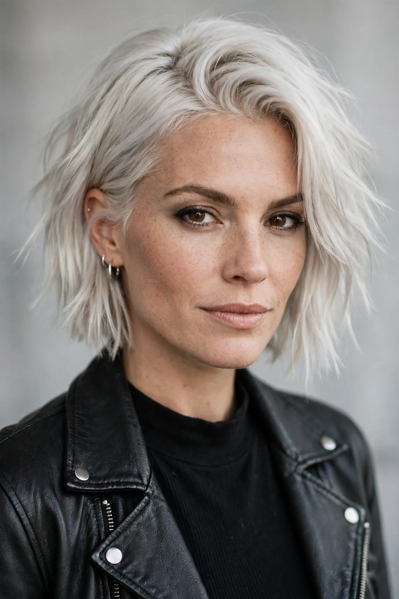 Bold platinum ear length short choppy bob
