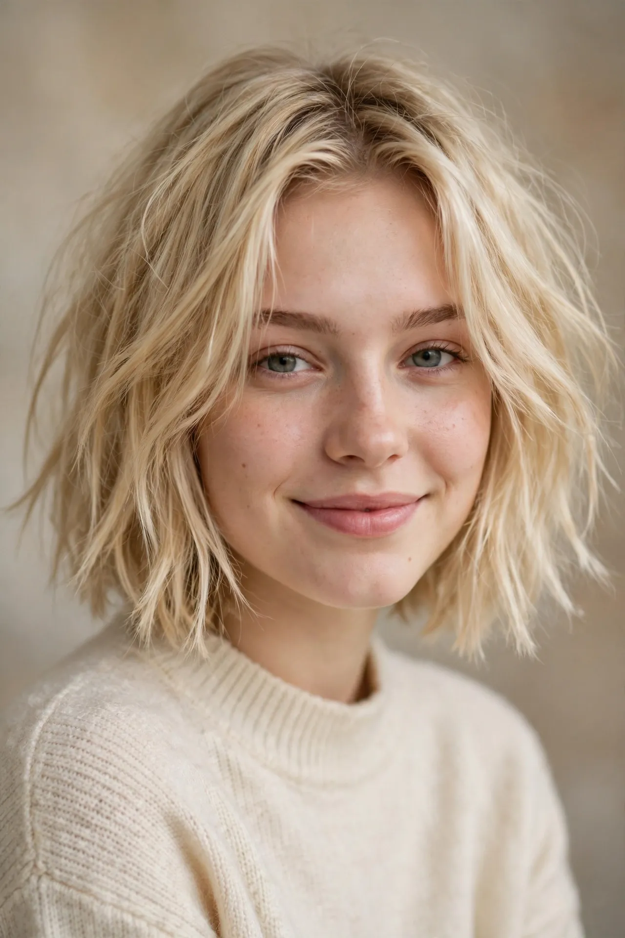 Ear length bob with shattered choppy ends, blonde hair