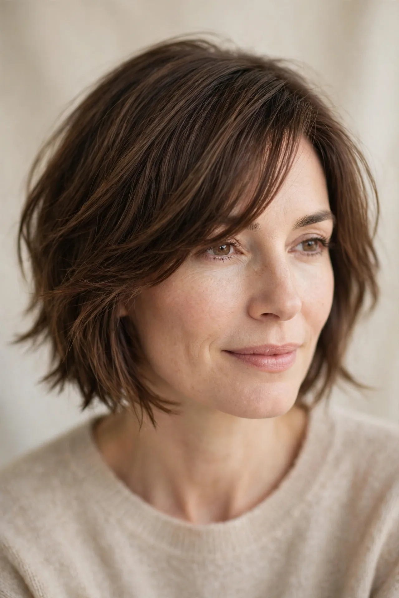 Ear length choppy bob with side swept front