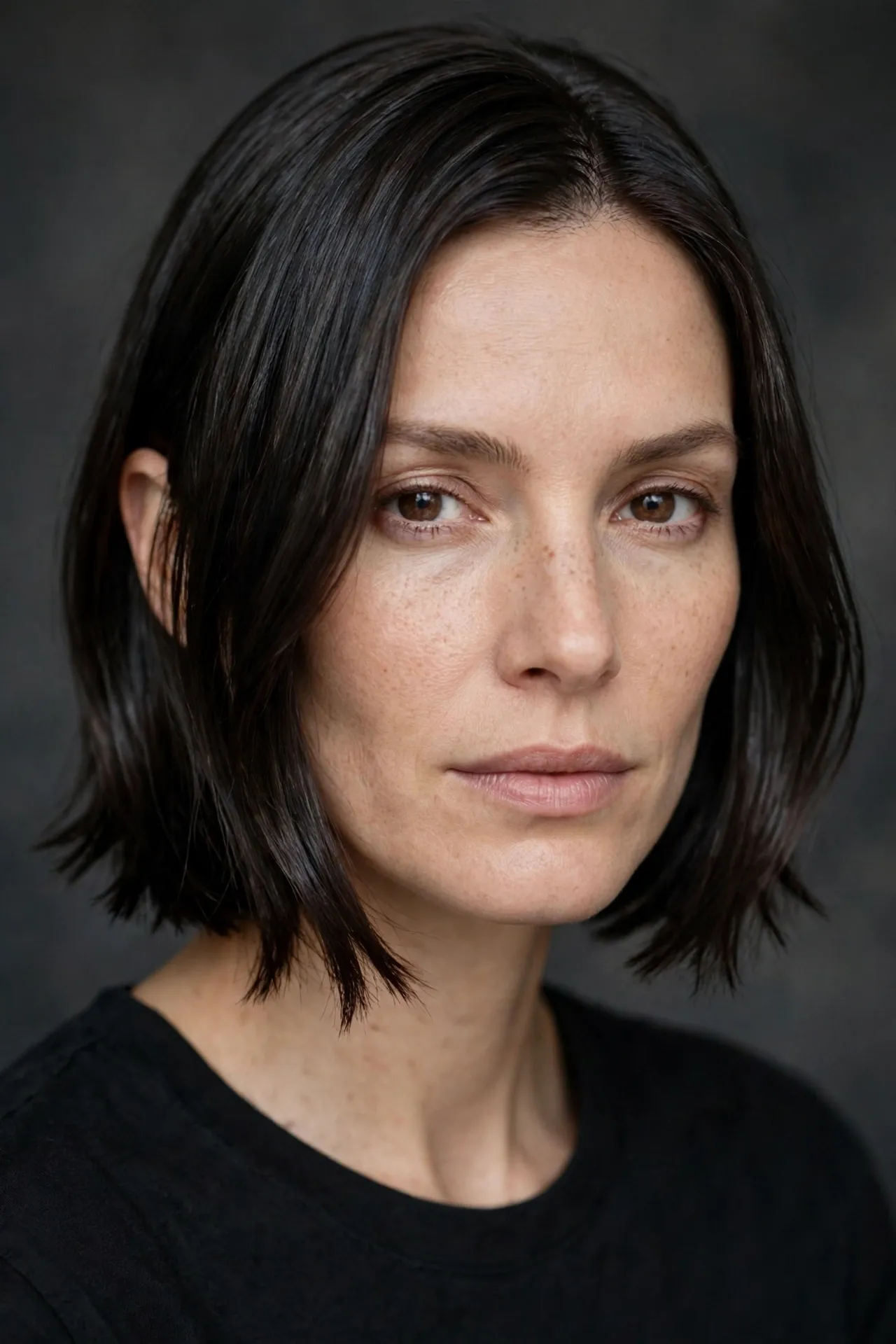 Sleek ear length choppy bob, straight dark hair
