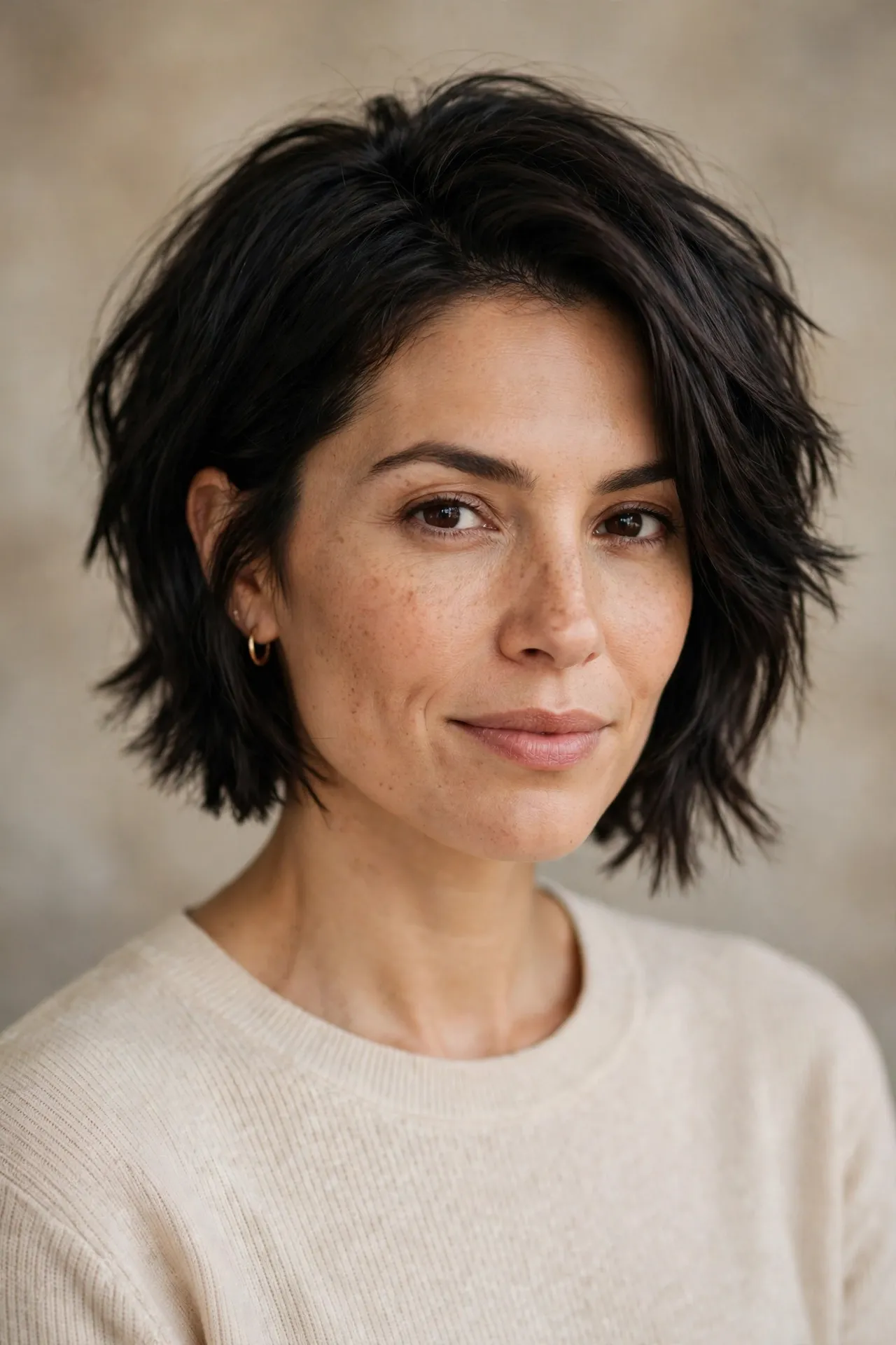 Ear length short choppy bob with stacked back layers
