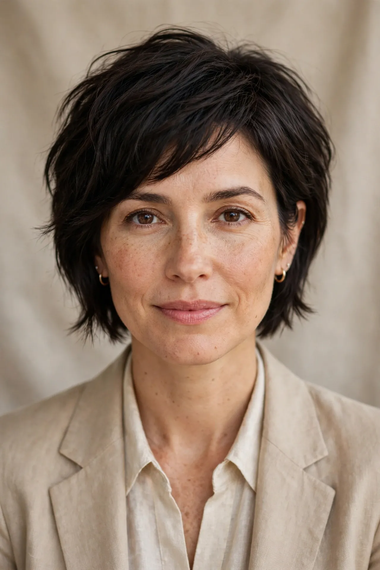 Ear length bob with tapered sides, neat choppy texture