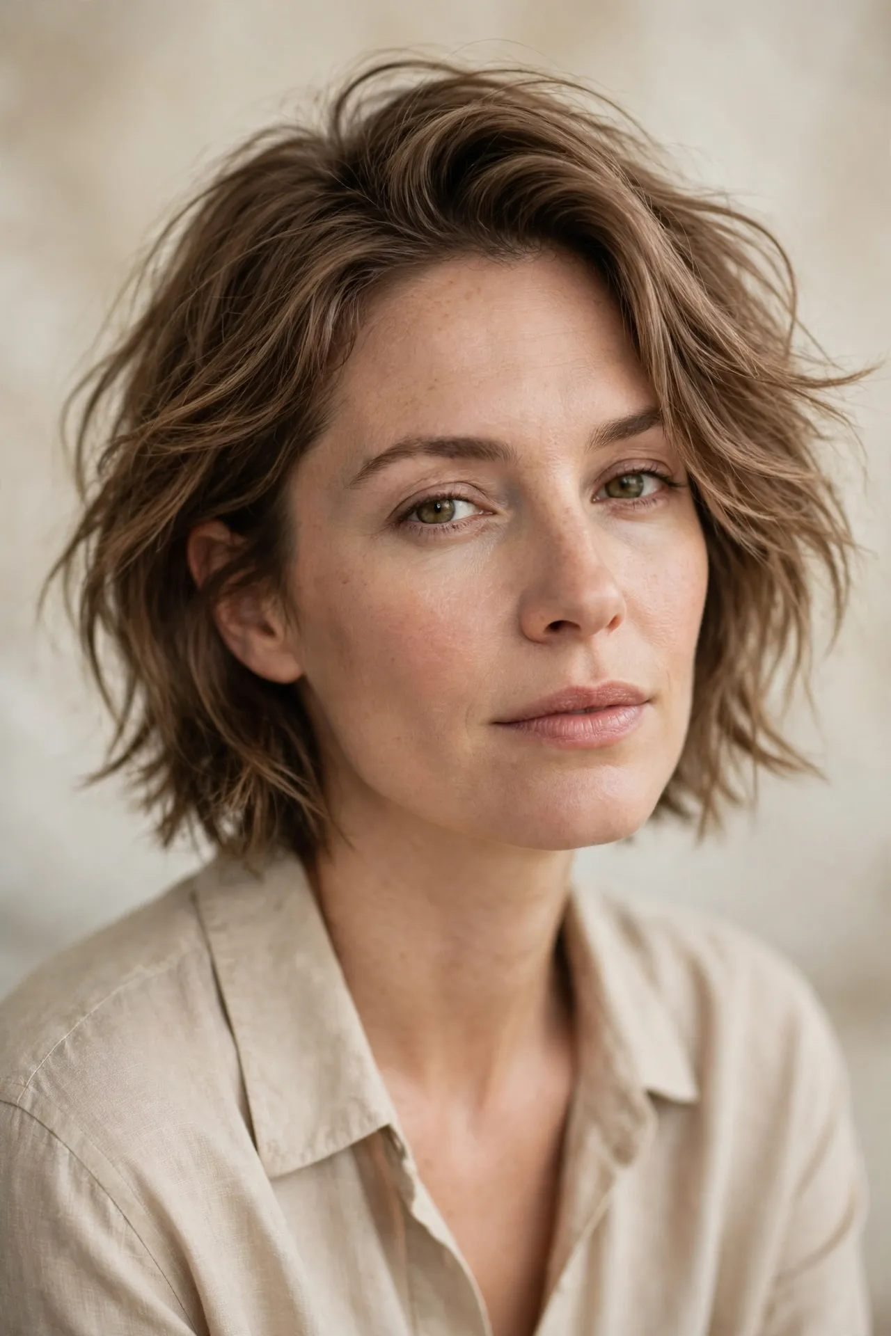 Tousled ear length choppy bob, light brown hair