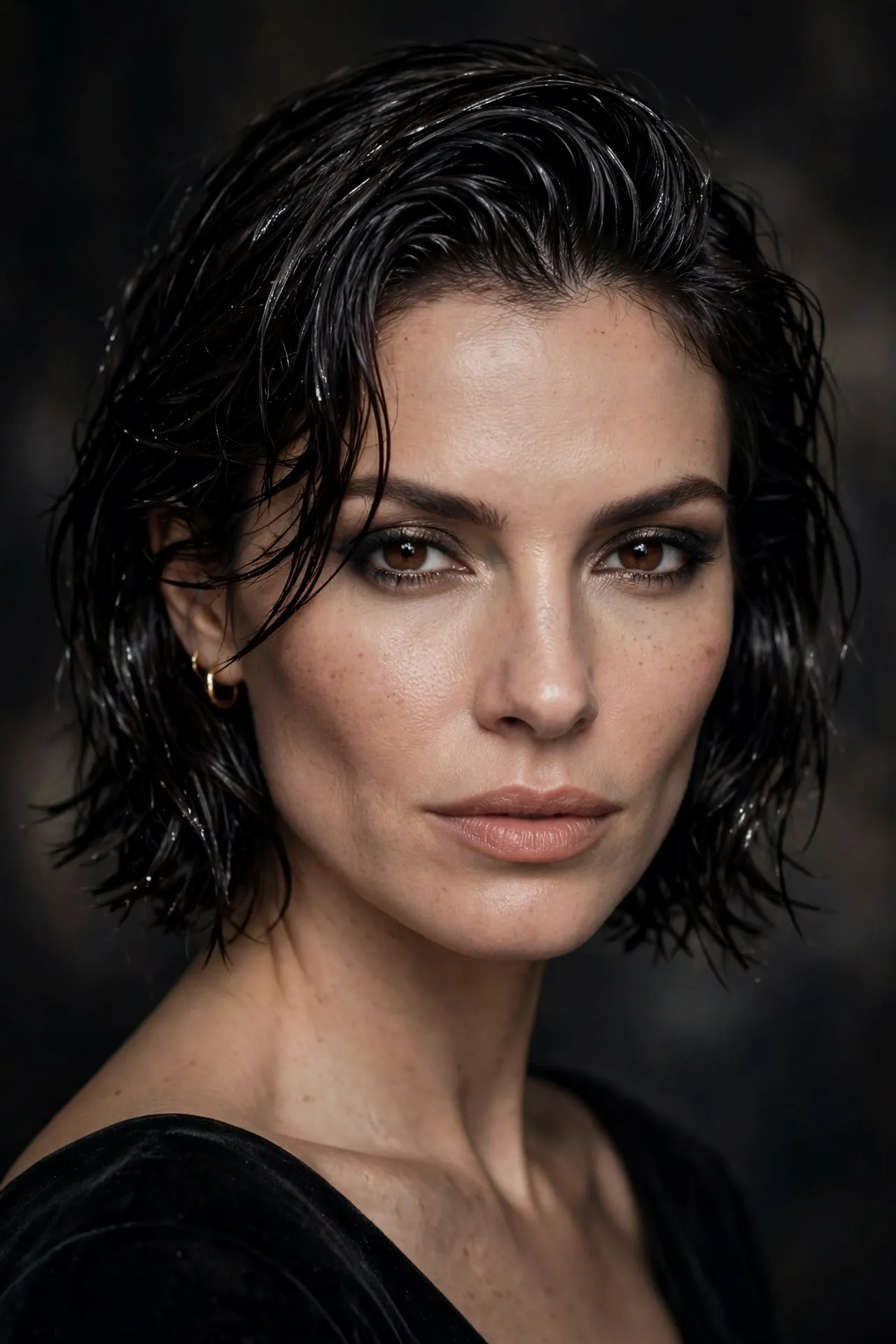 Wet look ear length choppy bob, glossy dark hair