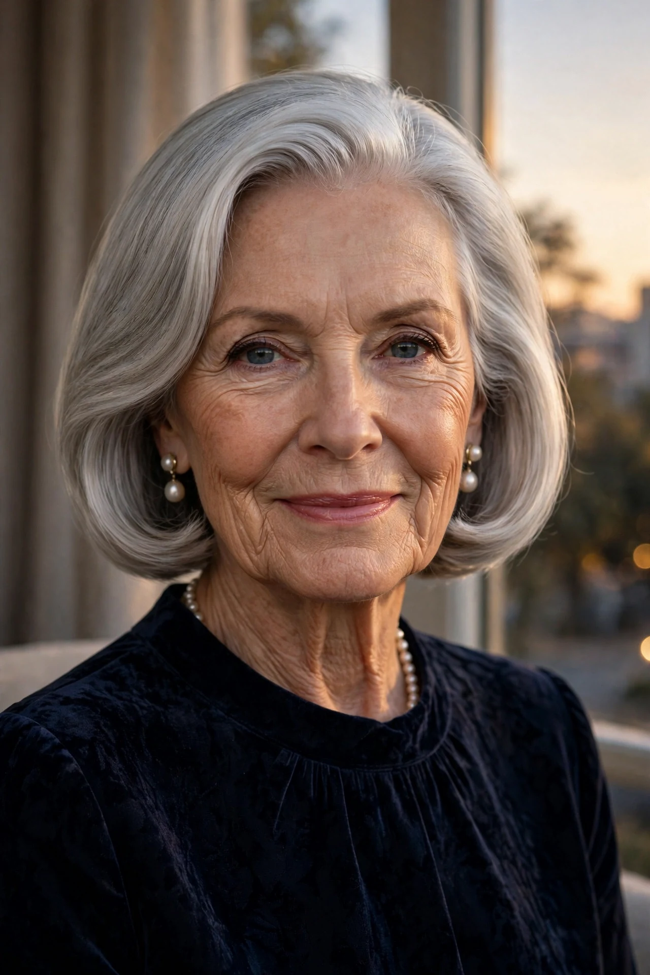 elegant italian bob on a woman in her 70s with silver hair