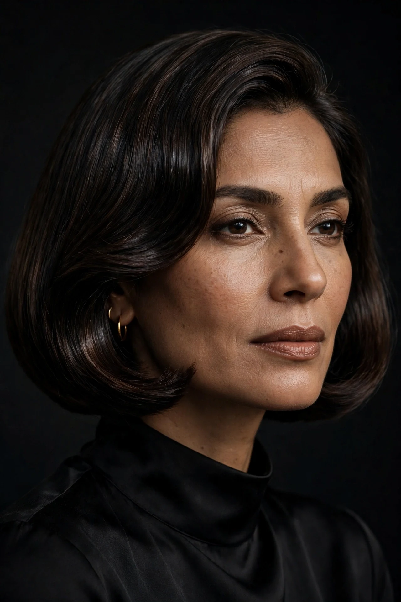Espresso brunette Italian cut with glossy finish on a South Asian woman in her 40s