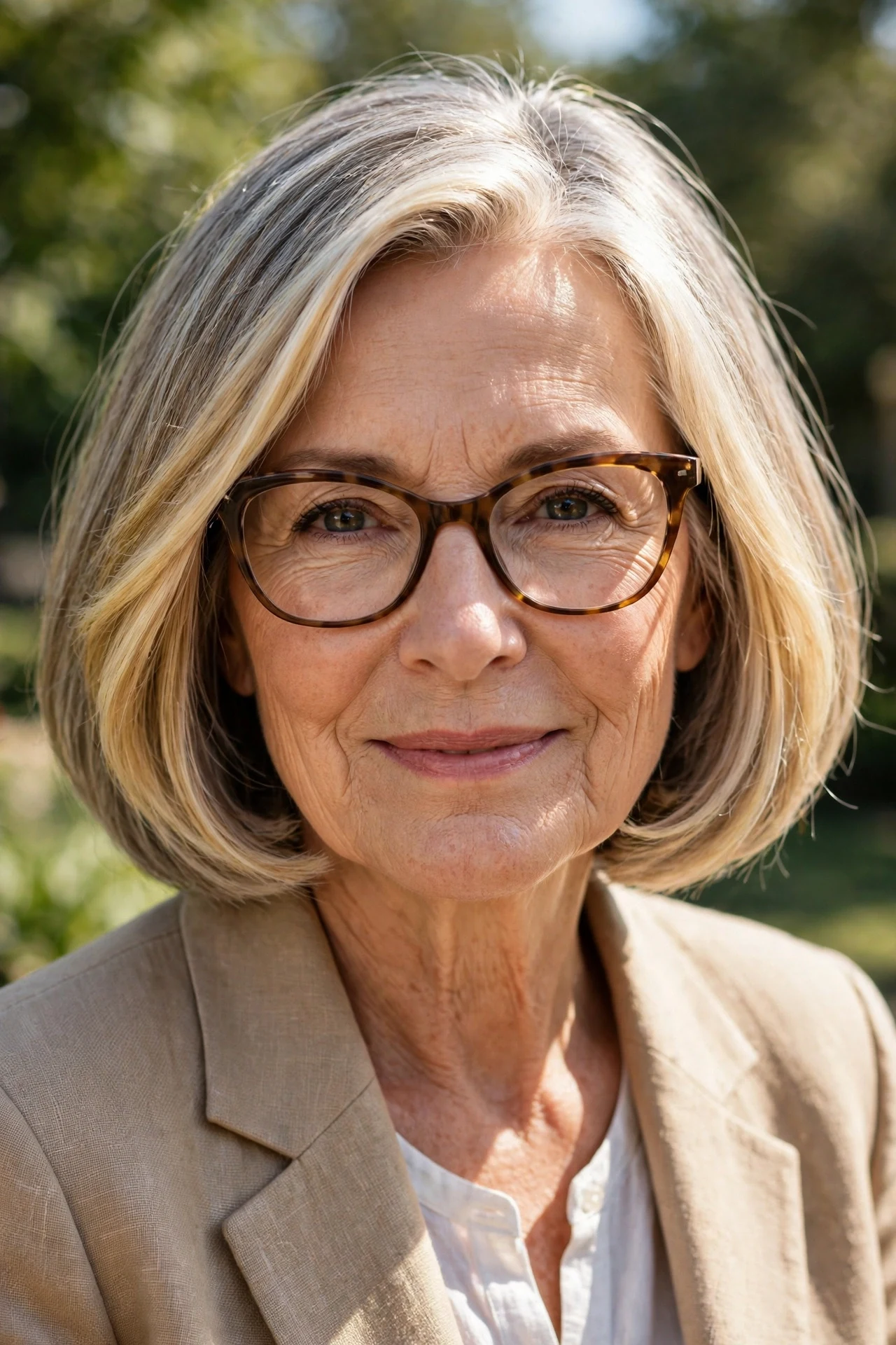 italian bob with face framing highlights on a woman in her 60s with cat-eye glasses