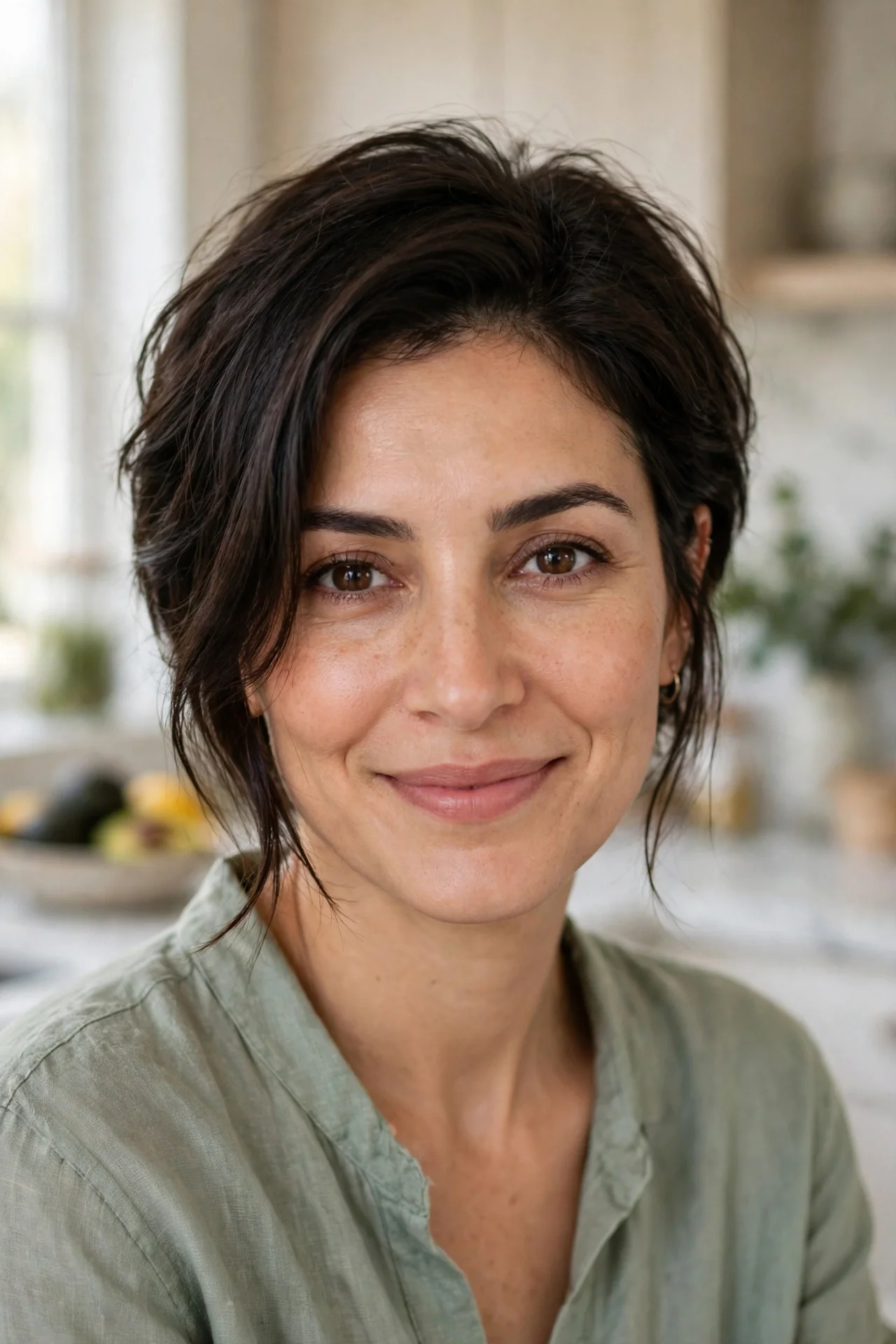 Bixie cut with long face-framing layers on a woman with oval face