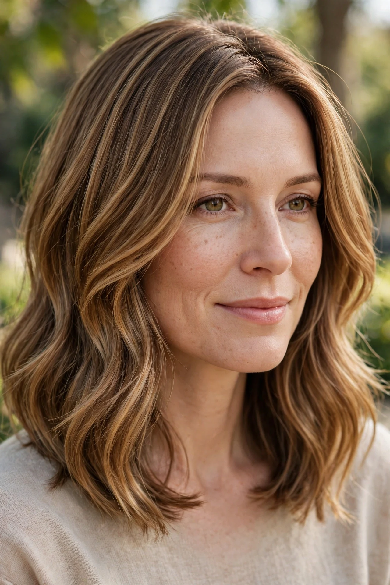 Midi haircut with soft face framing layers around the cheekbones