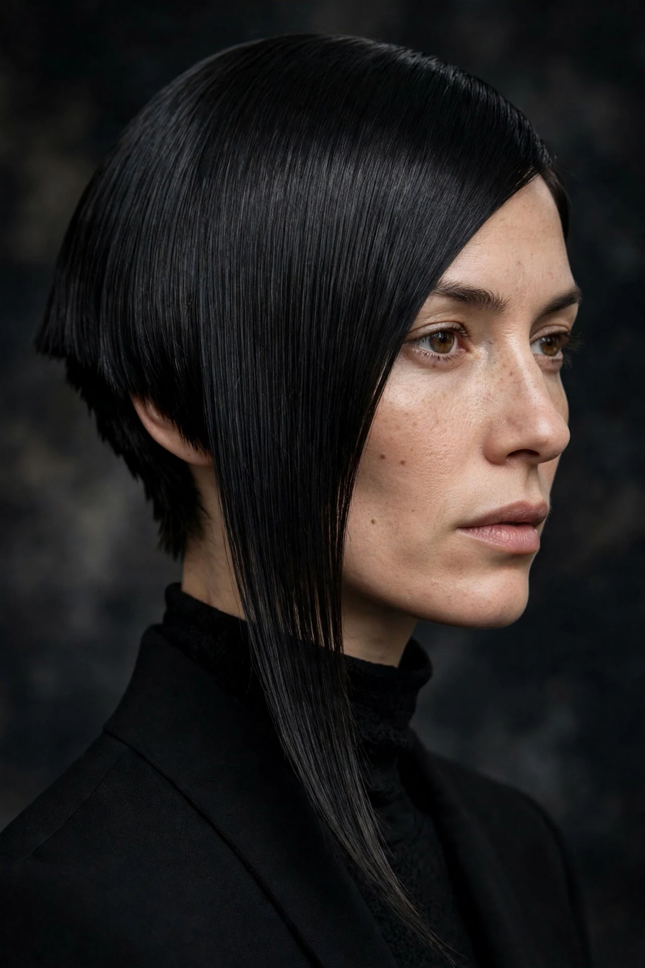 Sharp asymmetrical angled bob on black hair