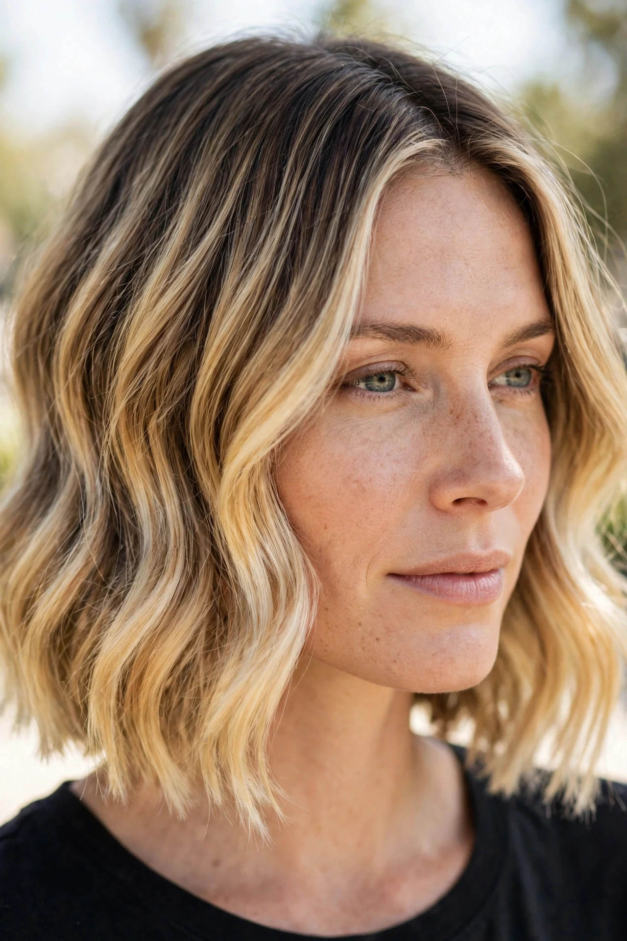 Blonde balayage bob with sun kissed dimension