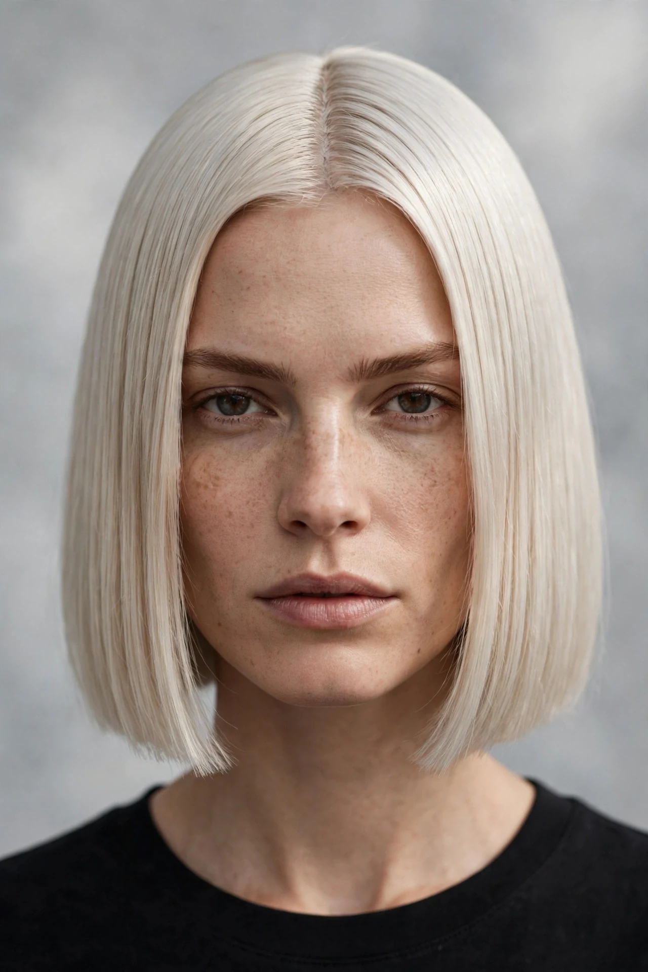 Blunt bob with center part on blonde hair