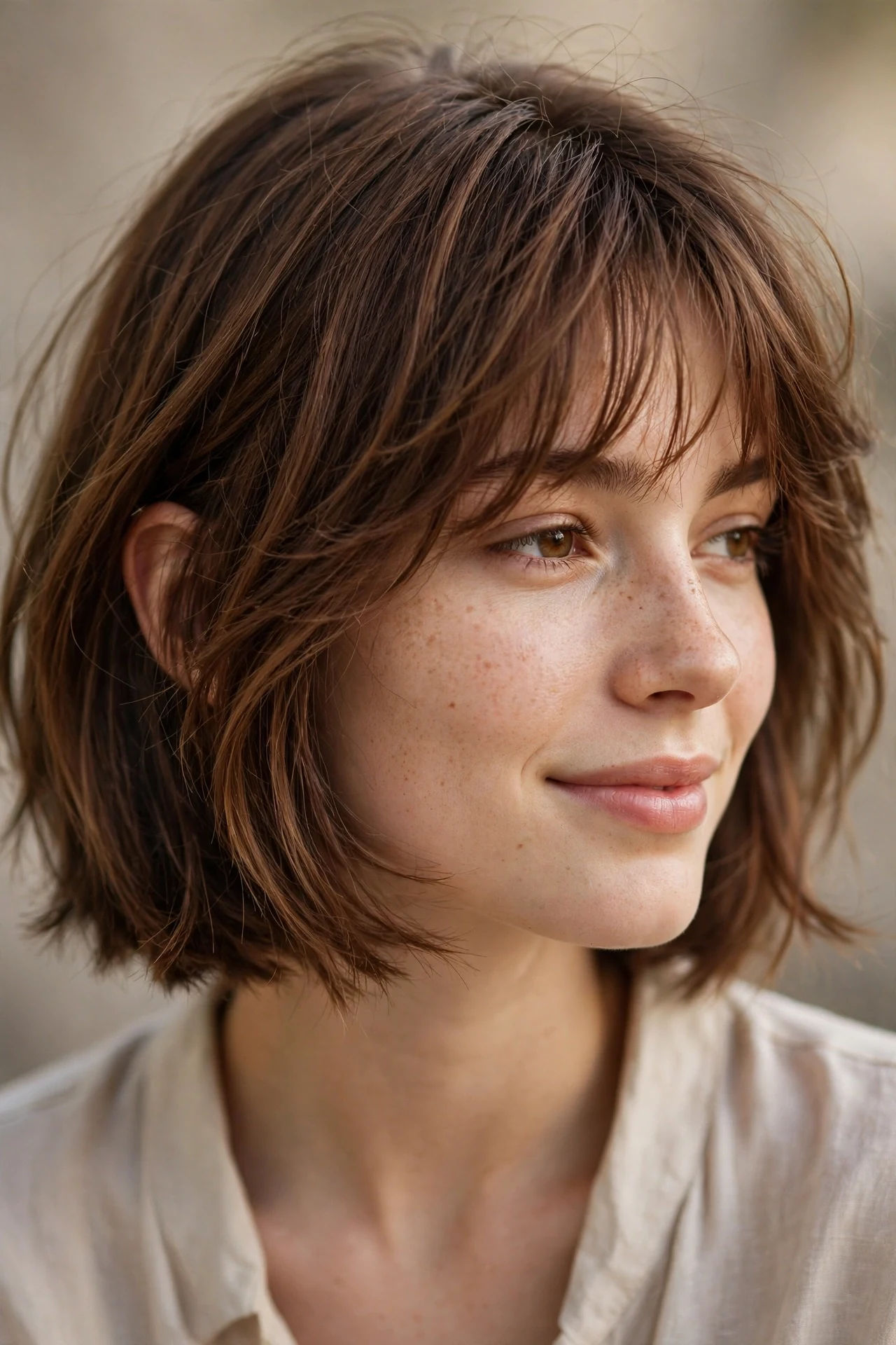 Bob with full bangs and a french feel, chestnut hair