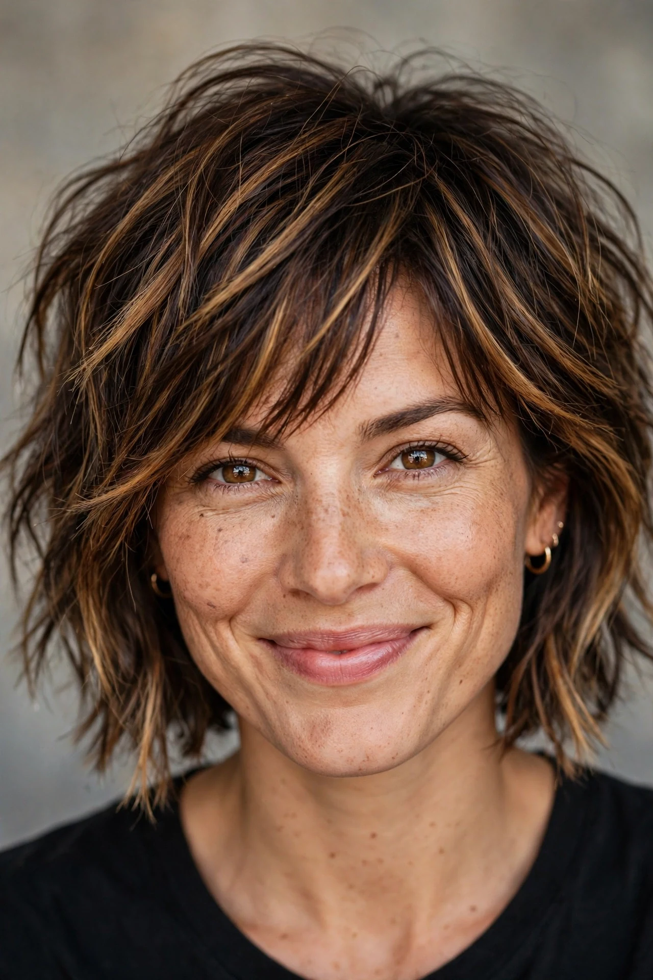 Choppy bob with caramel highlights on brunette hair