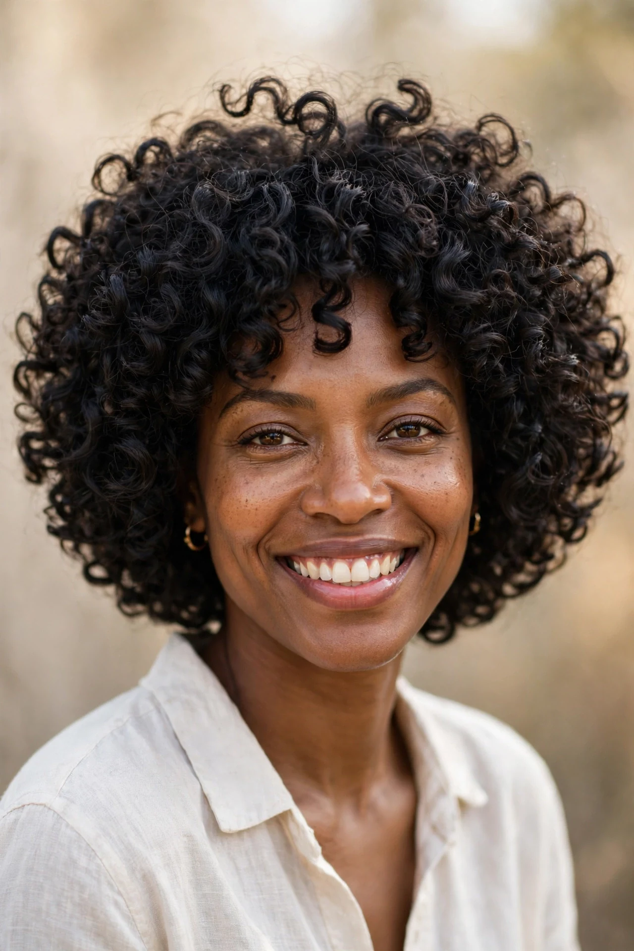 Voluminous curly bob with natural curls on a Black woman