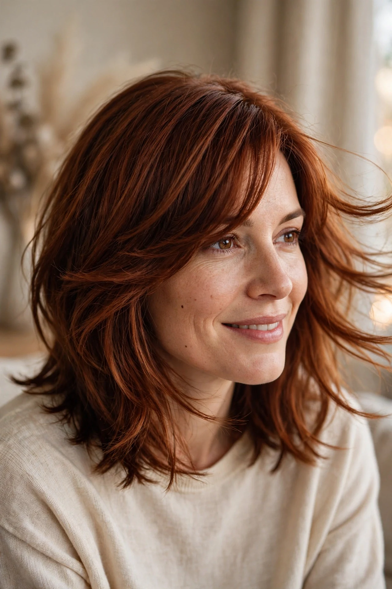Layered bob with side swept bangs, auburn hair