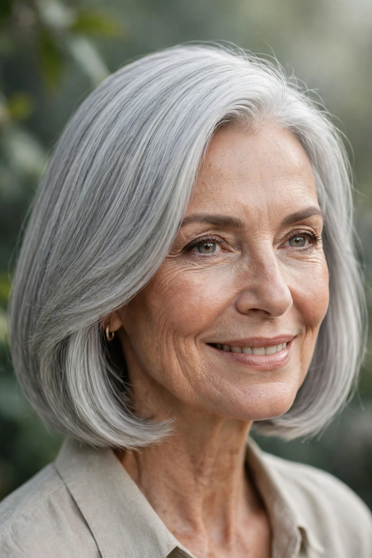 Elegant silver gray female bob on a woman in her 60s