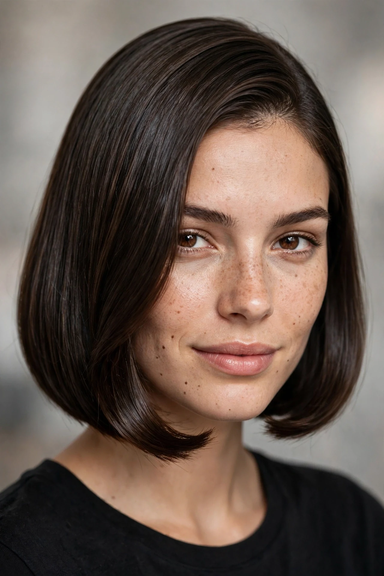 Sleek classic female bob haircut, chin length straight dark brown hair