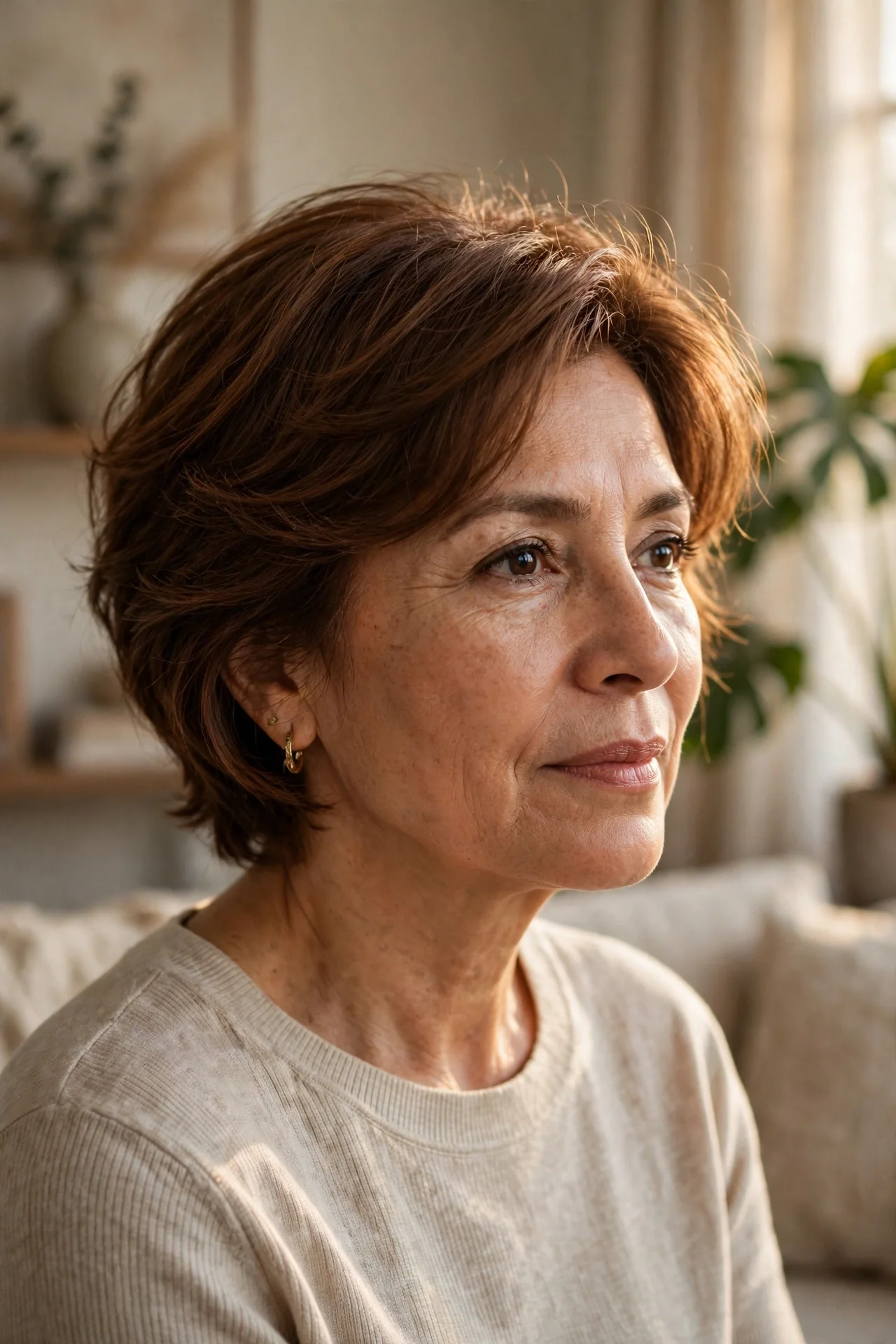Latina woman in her 50s with fine chestnut brown hair in a softly feathered bixie
