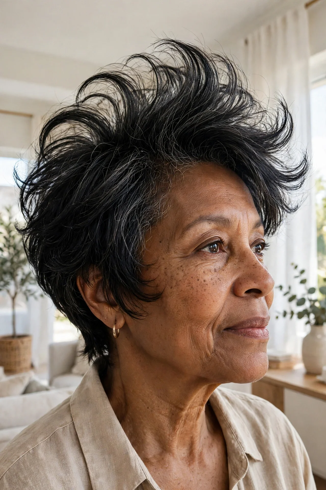 Woman in her 50s with a feathered bixie and crown volume