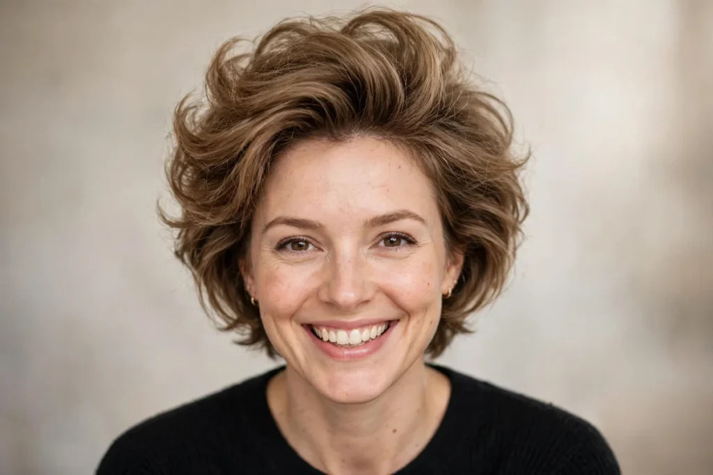 Fine hair bixie haircut with voluminous crown layers on a smiling brunette model