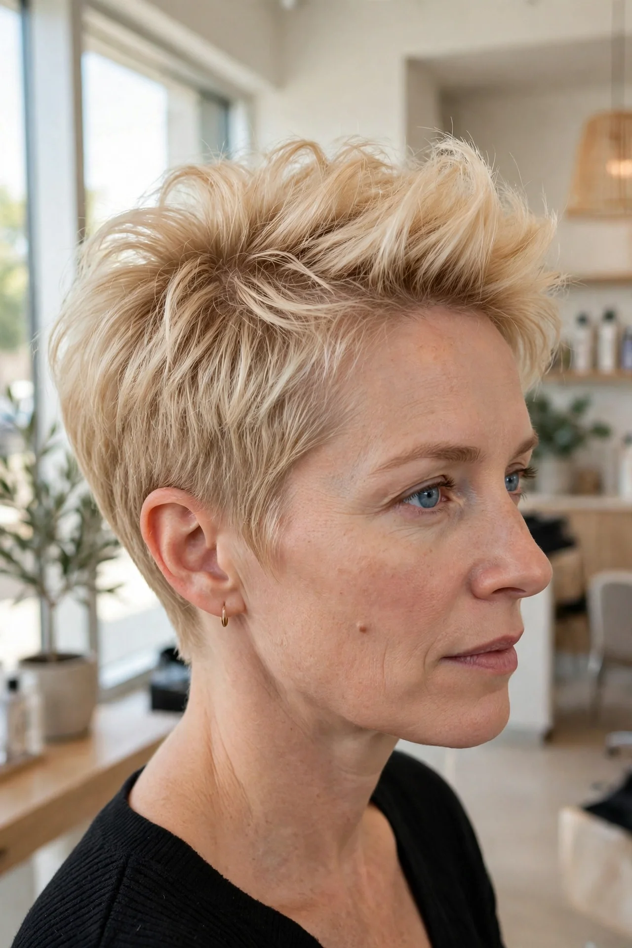 Fine hair bixie haircut with lifted crown layers on a fine-haired blonde model