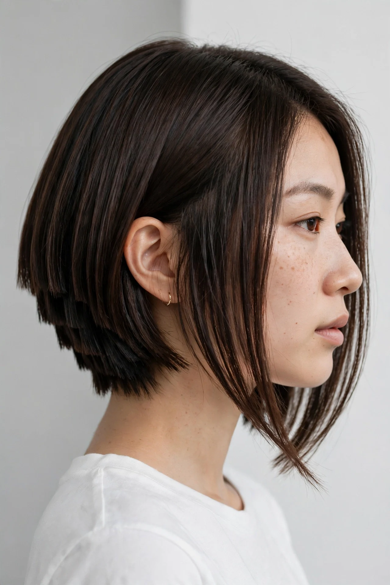 A-line graduated bob for fine hair on an East Asian woman, side view